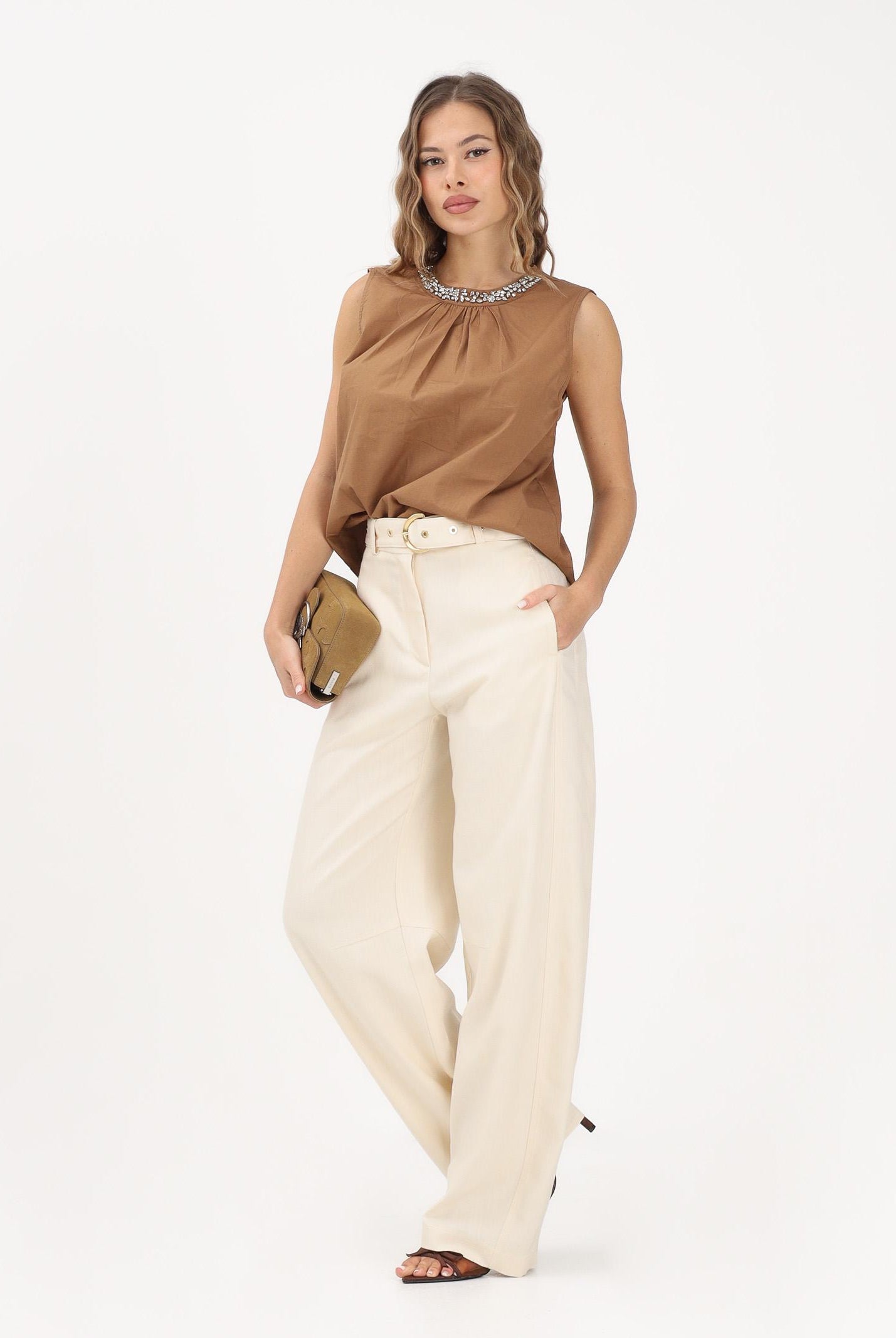 ONLY Top cammello da donna con dettaglio gioiello sullo scollo 15371623 TOCO ONLY