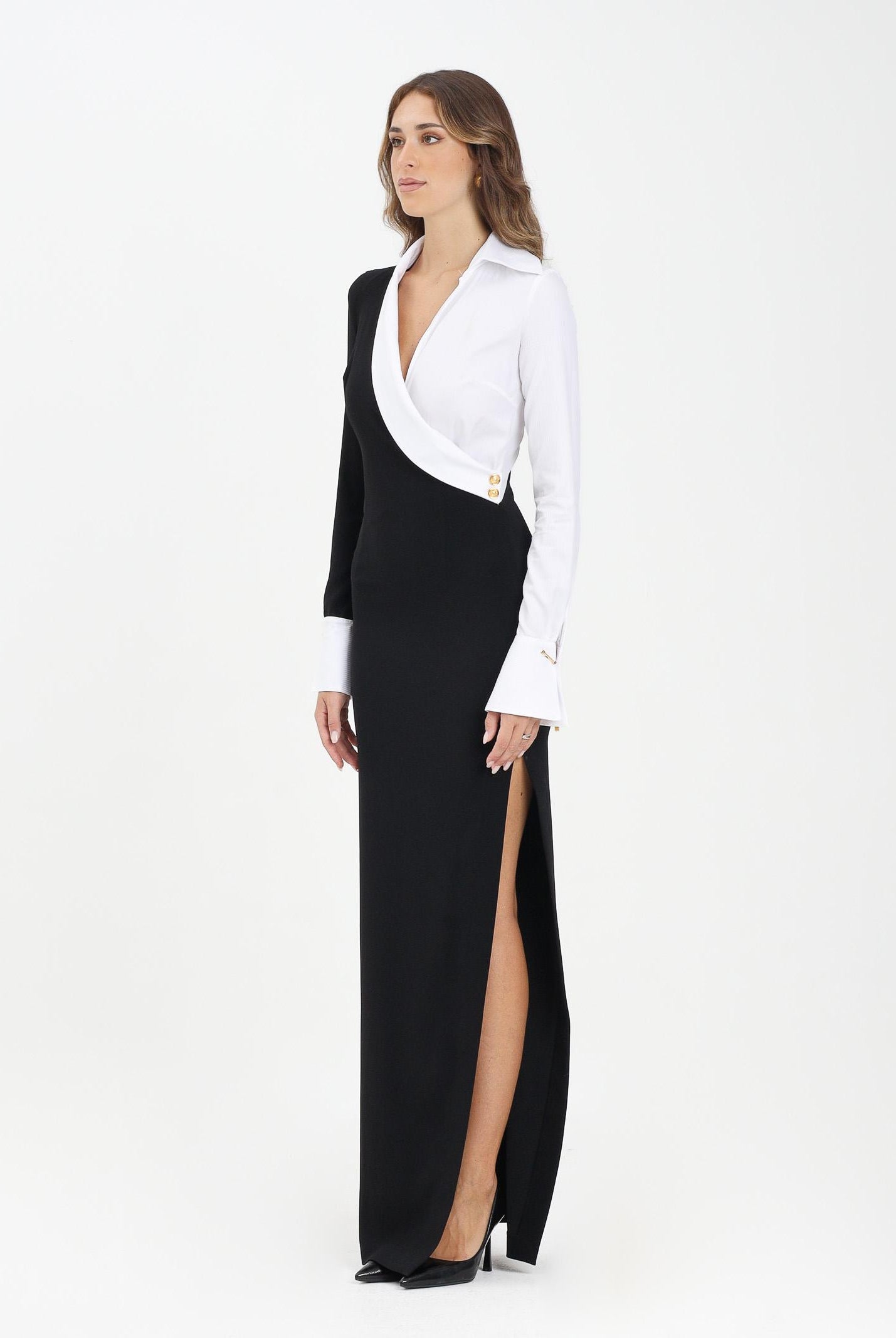 ELISABETTA FRANCHI Abito lungo nero e bianco da donna con dettagli camicia ABR0557E2 222 ELISABETTA FRANCHI
