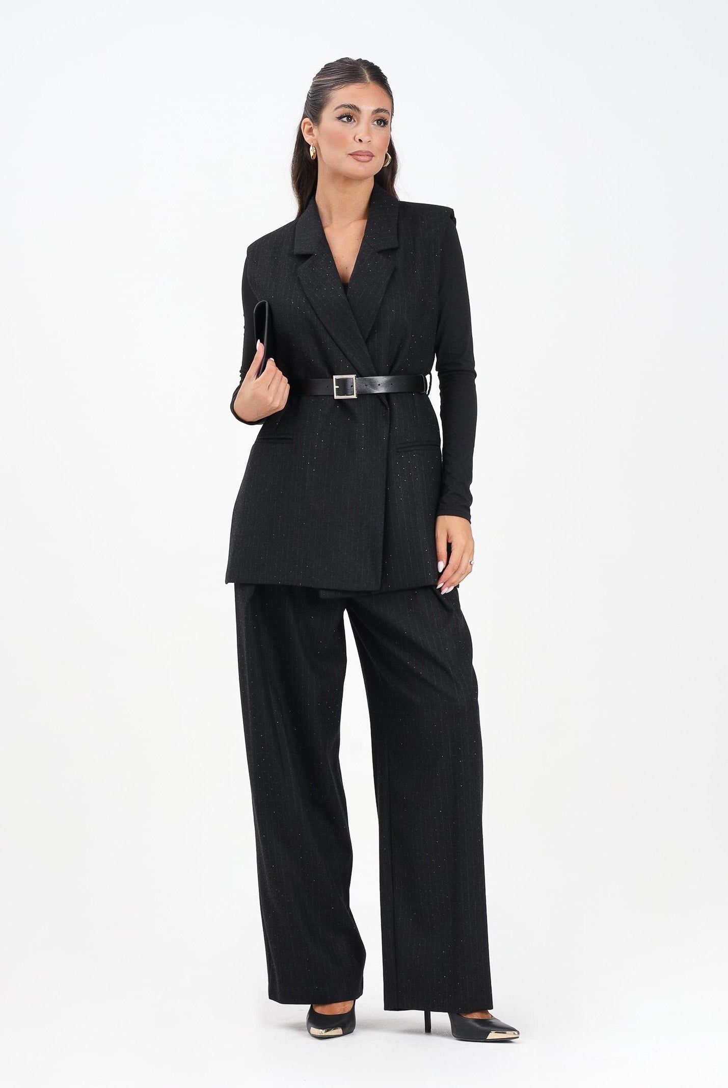 VICOLO Pantalone elegante nero da donna con motivo gessato e strass TF0136 FFNE VICOLO