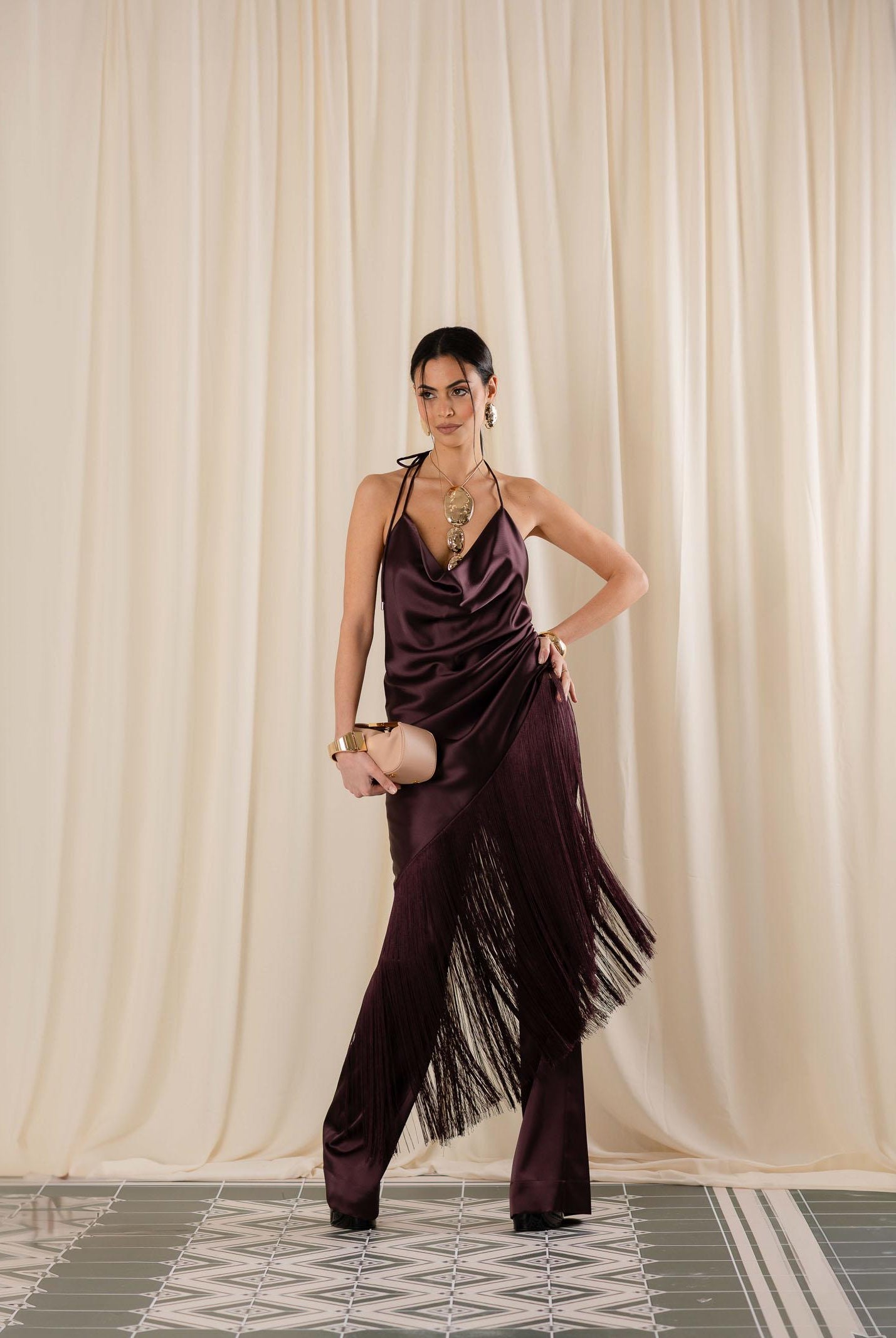 PINKO Abito midi bordeaux da donna in satin con frange 106430A33D R57 PINKO
