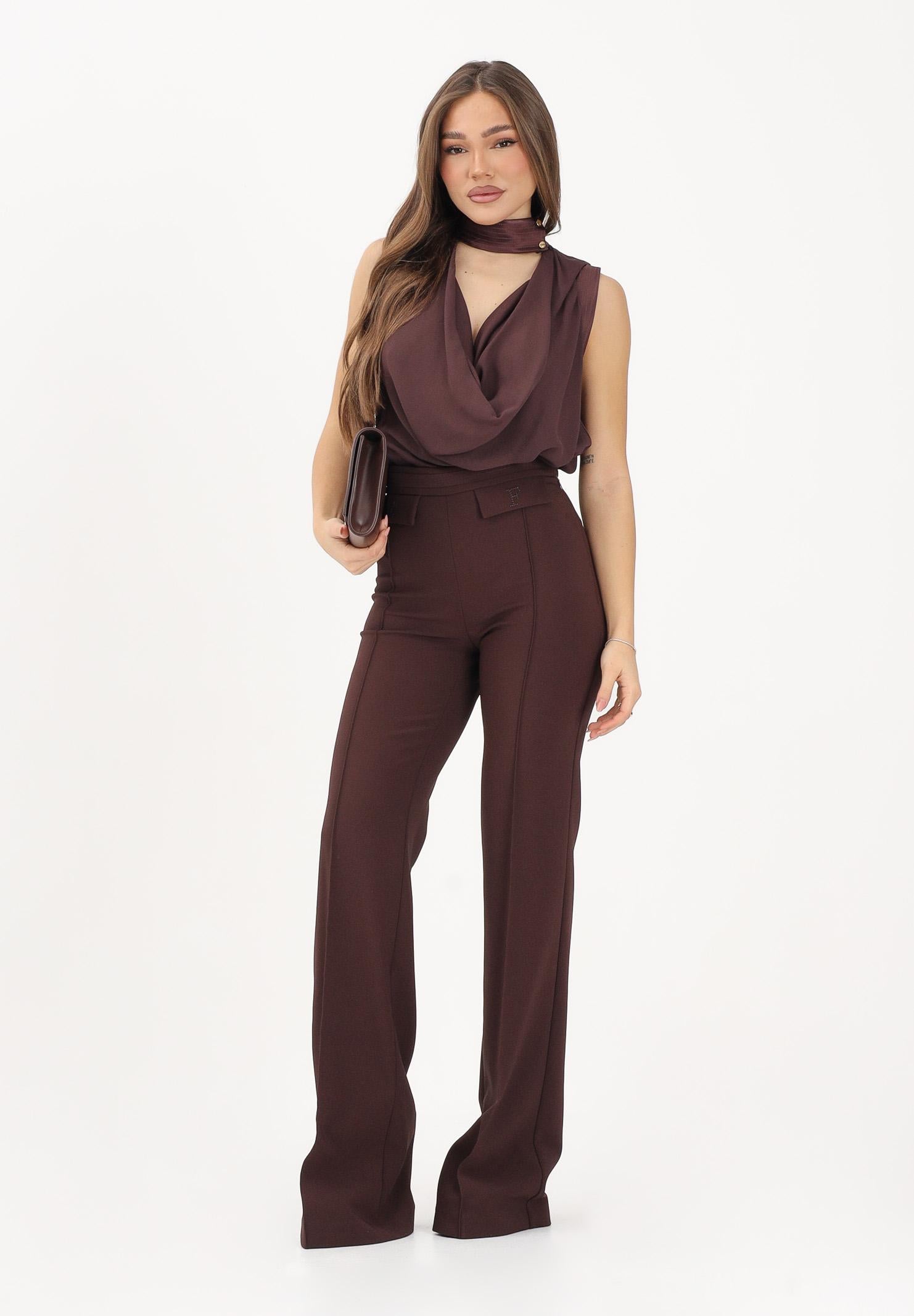 ELISABETTA FRANCHI Pantalone elegante cacao da donna con logo ricamato<BR/> PA17161E2 644 ELISABETTA FRANCHI