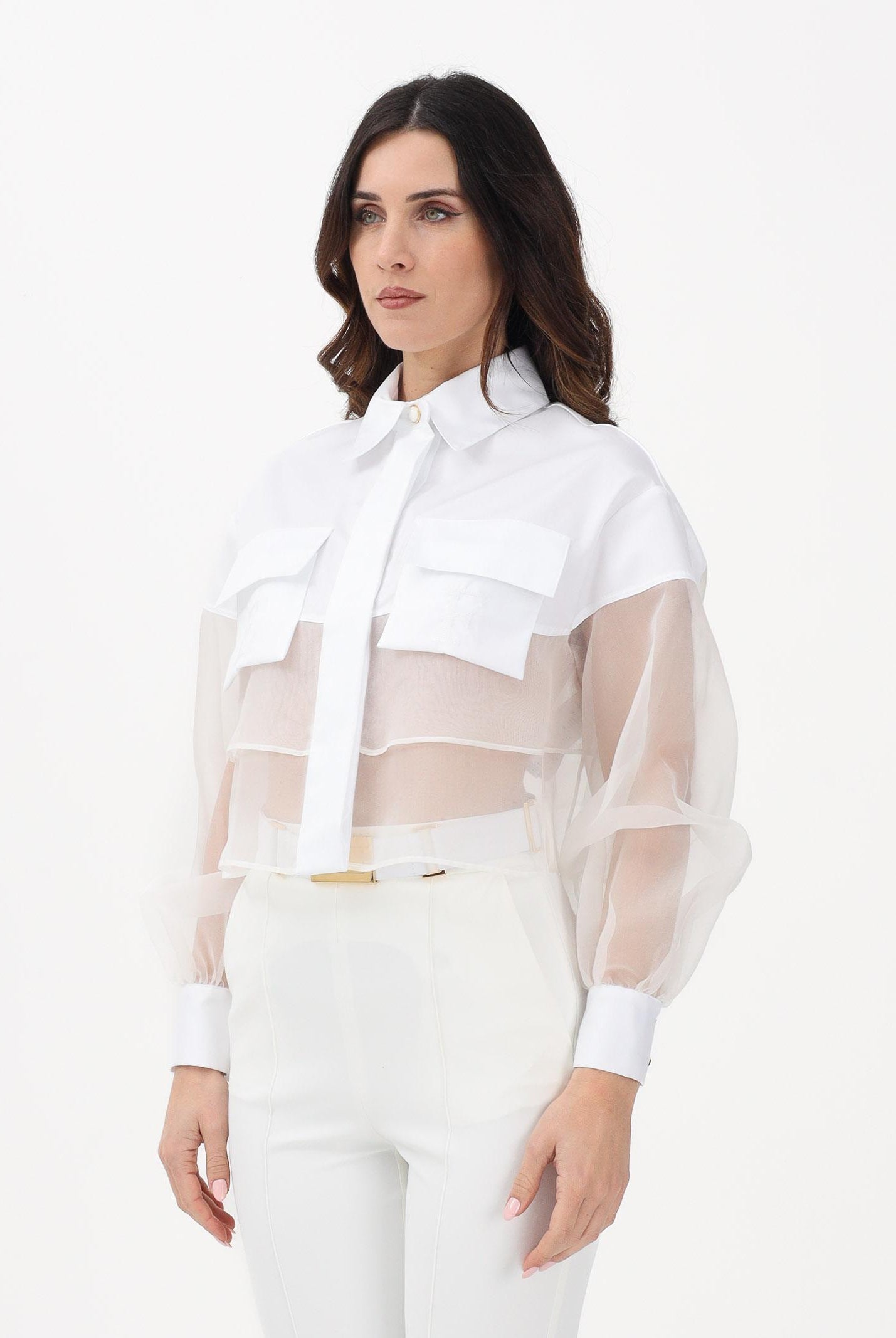 ELISABETTA FRANCHI Camicia a manica lunga bianca da donna con inserto in tulle CA11861E2 360 ELISABETTA FRANCHI
