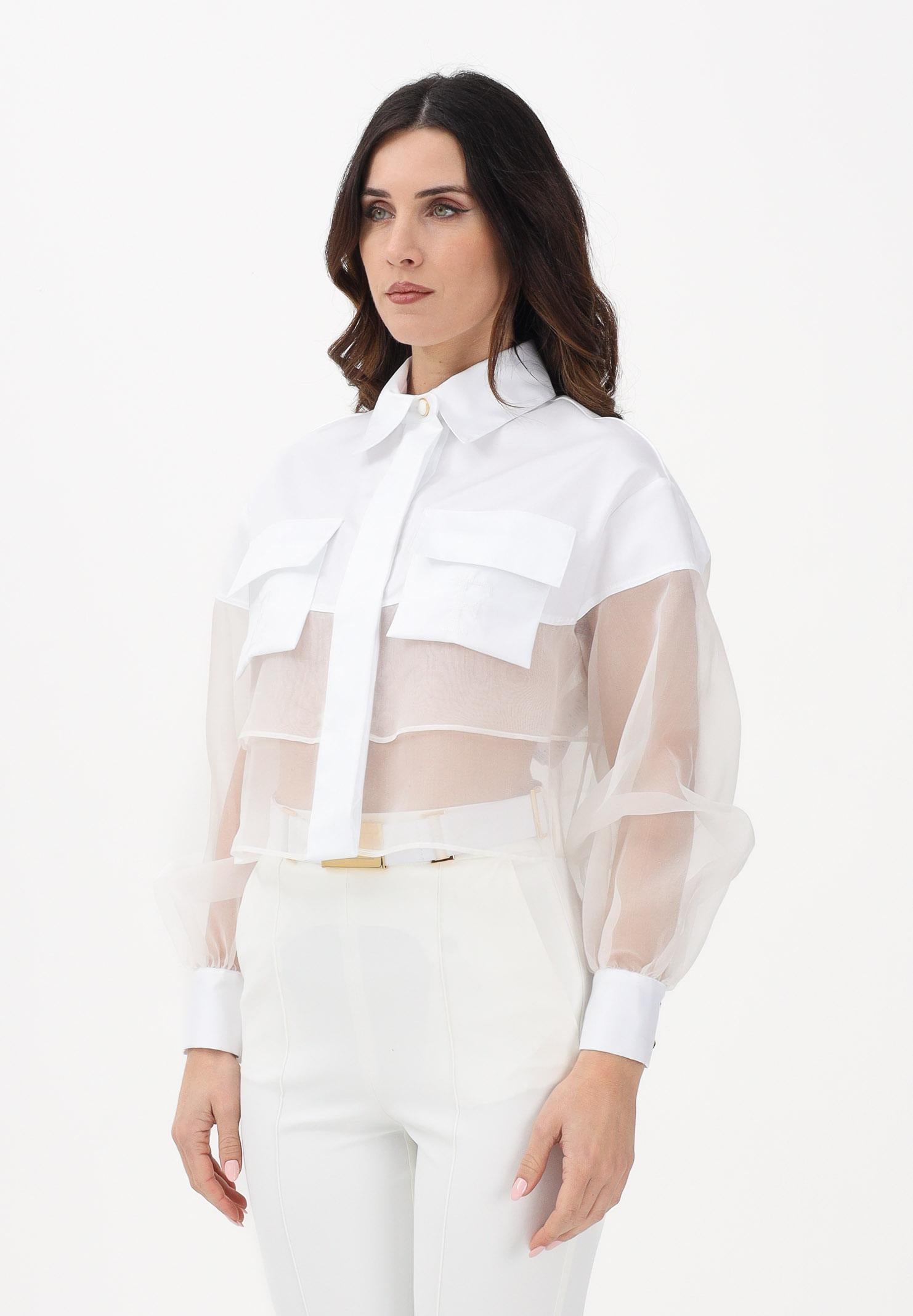 ELISABETTA FRANCHI Camicia a manica lunga bianca da donna con inserto in tulle CA11861E2 360 ELISABETTA FRANCHI