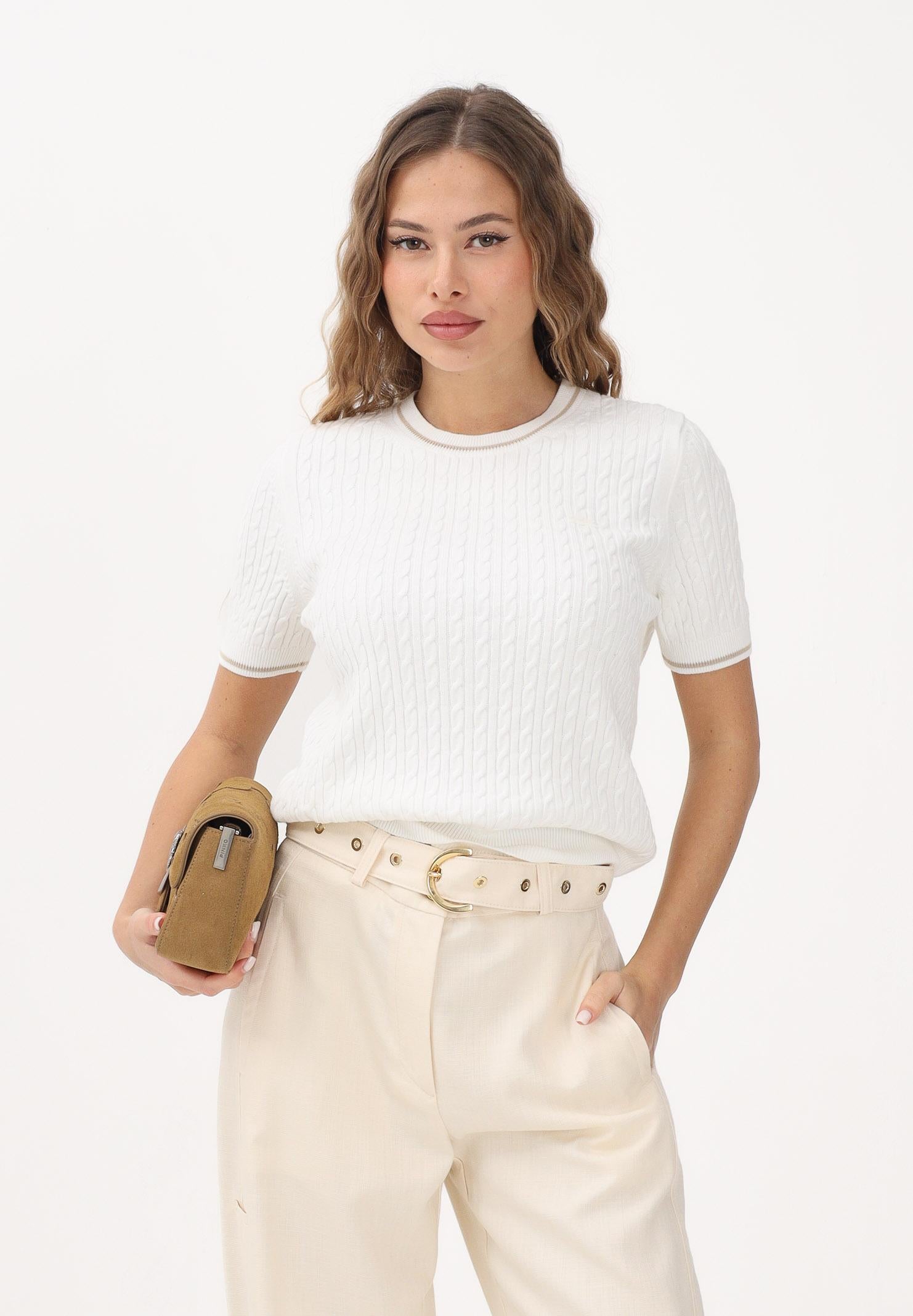 LACOSTE Maglia a manica corta bianca da donna in maglia a trecce AF9862 70V LACOSTE
