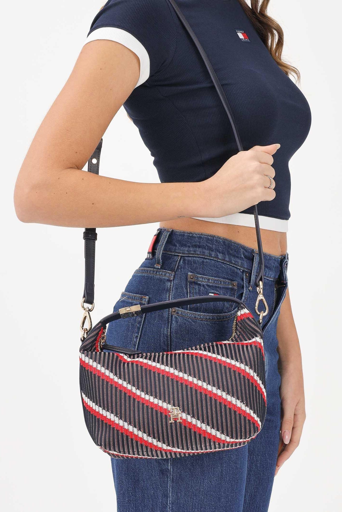 TOMMY HILFIGER Borsa hobo da donna in maglia blu bianca e rossa AW0AW18165 0GY TOMMY HILFIGER