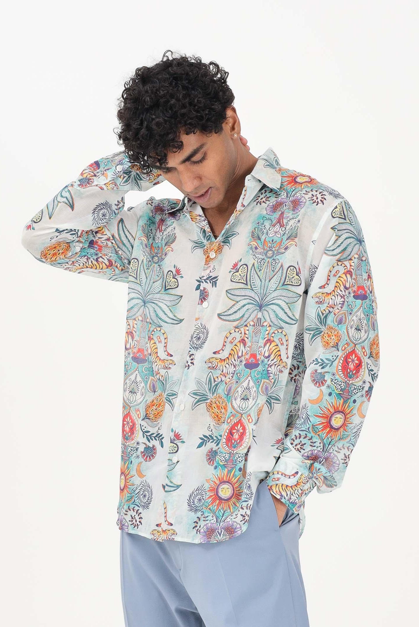 JUST CAVALLI Camicia a manica lunga azzurra da uomo con stampa all-over 80OAL210NS780 217 JUST CAVALLI