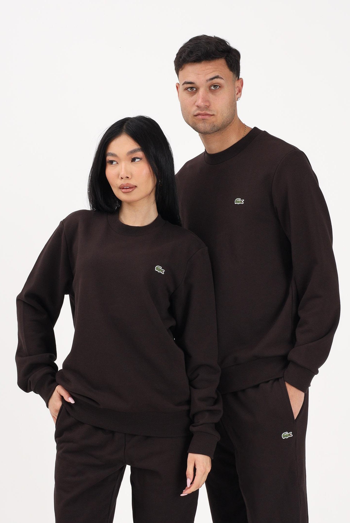 LACOSTE Felpa girocollo marrone per uomo e donna con patch coccodrillo SH9801 3LA LACOSTE