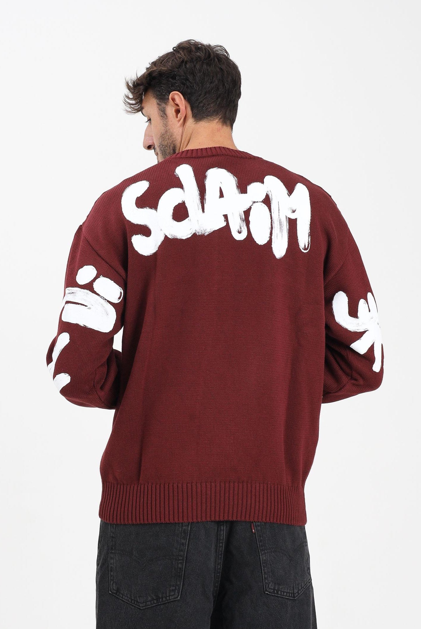 DISCLAIMER Maglioncino girocollo bordeaux da uomo con stampa logo 25IDS55116 BO DISCLAIMER