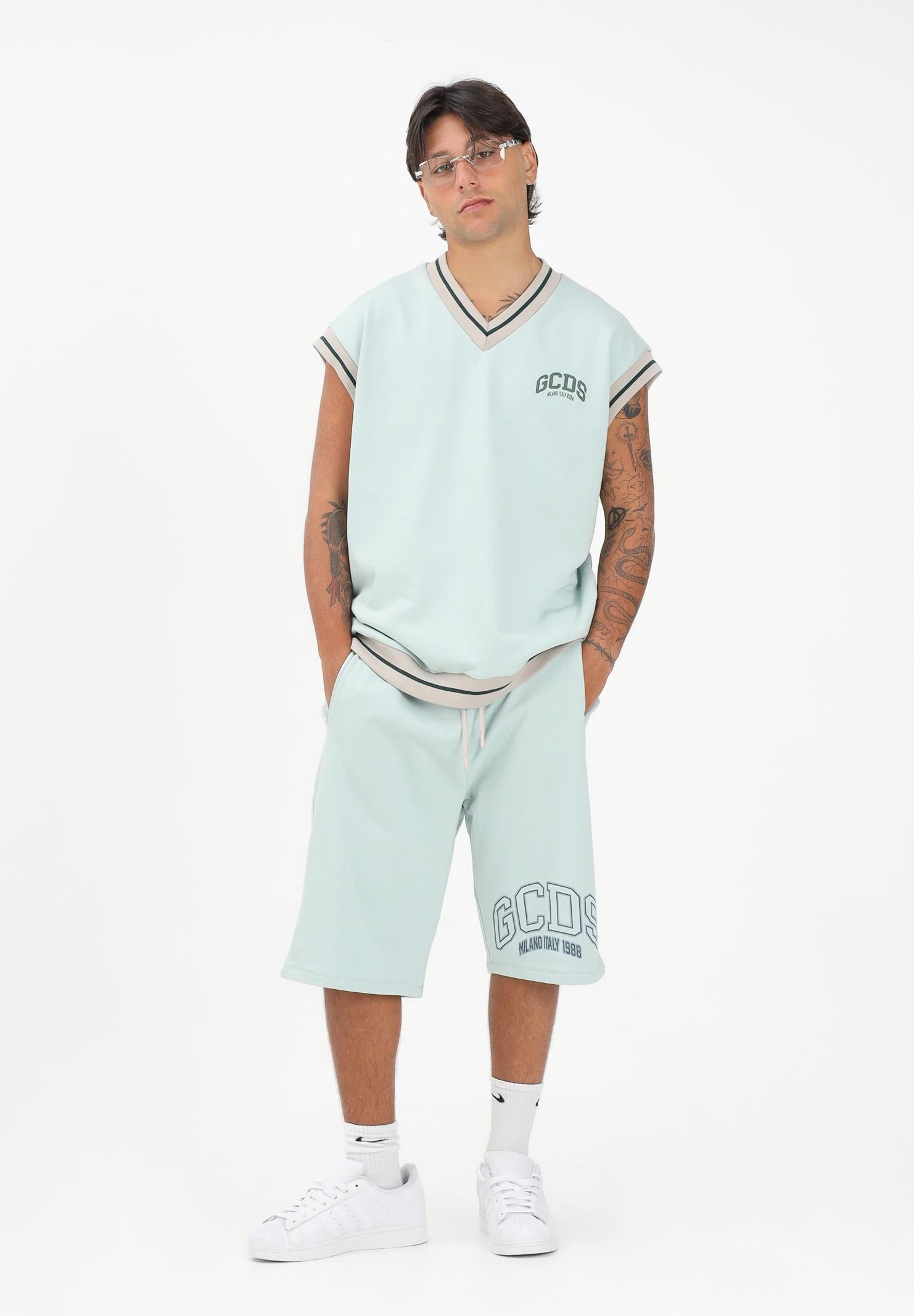 GCDS Felpa gilet verde acqua per uomo e donna con stampa maxi sul retro C1MEQE119F004 818G GCDS