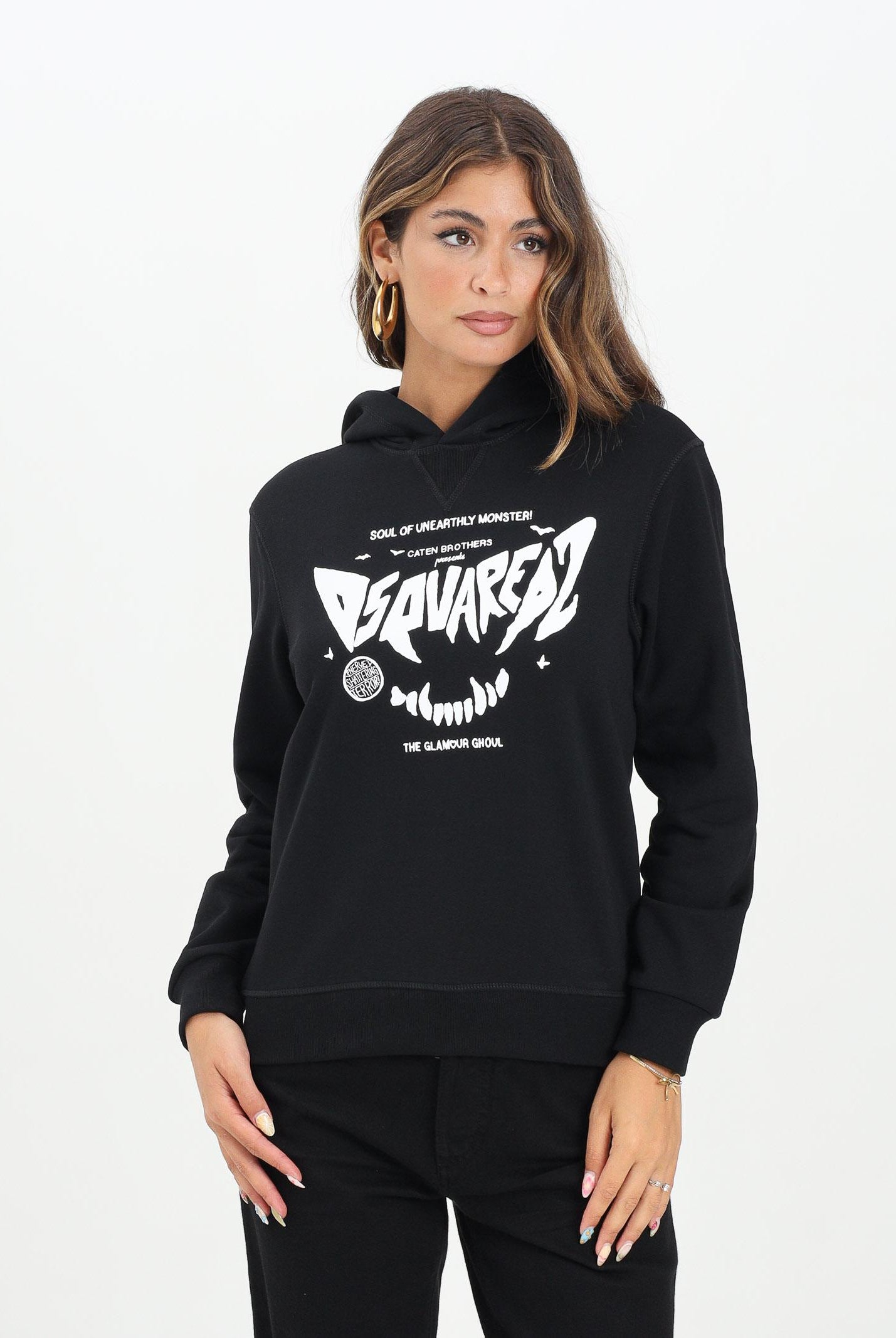 DSQUARED2 Felpa con cappuccio nera per donna, ragazzi e bambini con stampa Dsquared2 horror DQ3004D0094 DQ900 DSQUARED2