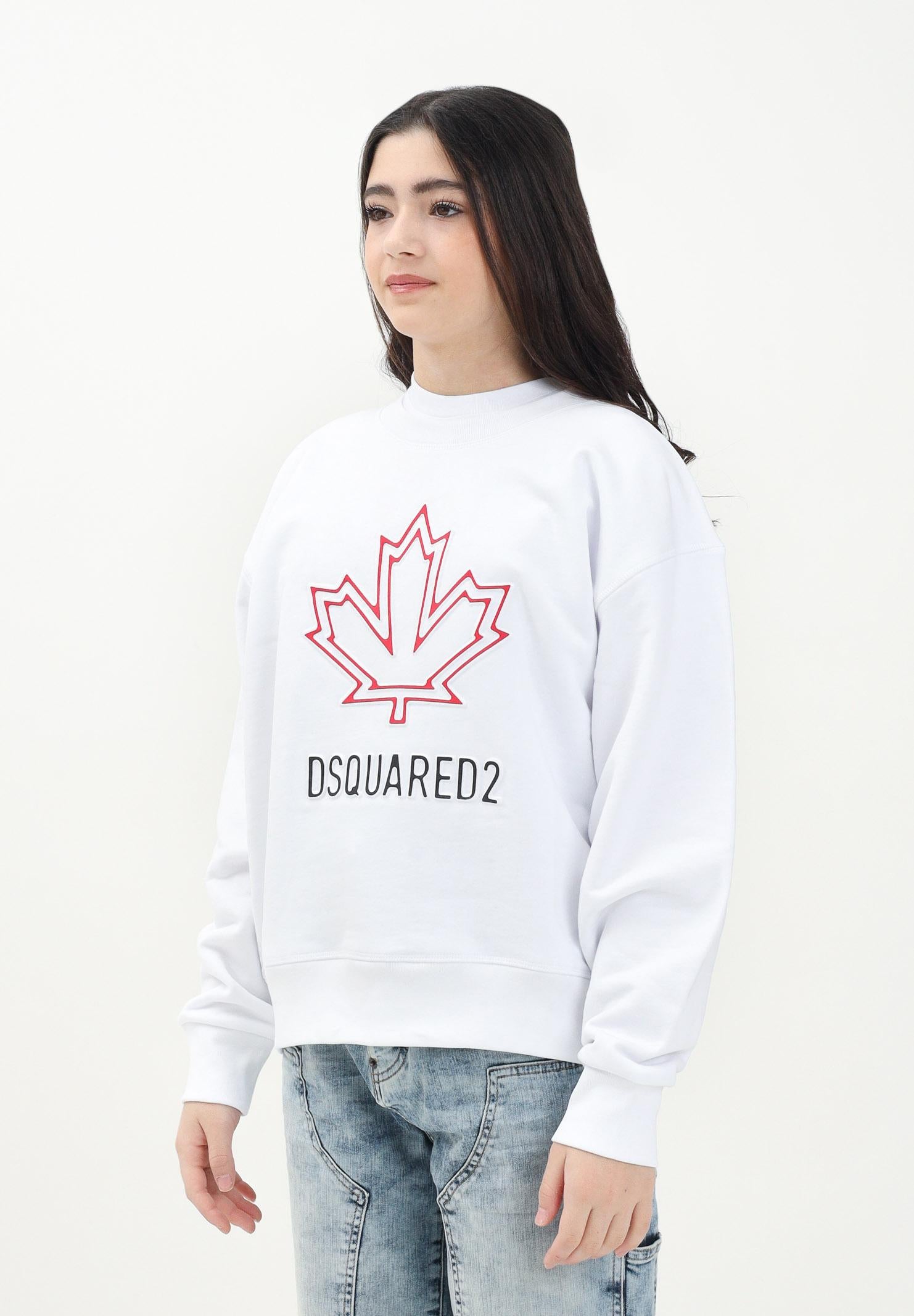 DSQUARED2 Felpa girocollo bianca per donna, ragazzi e bambini con foglia d'acero e logo DQ2786D0A9U DQ100 DSQUARED2