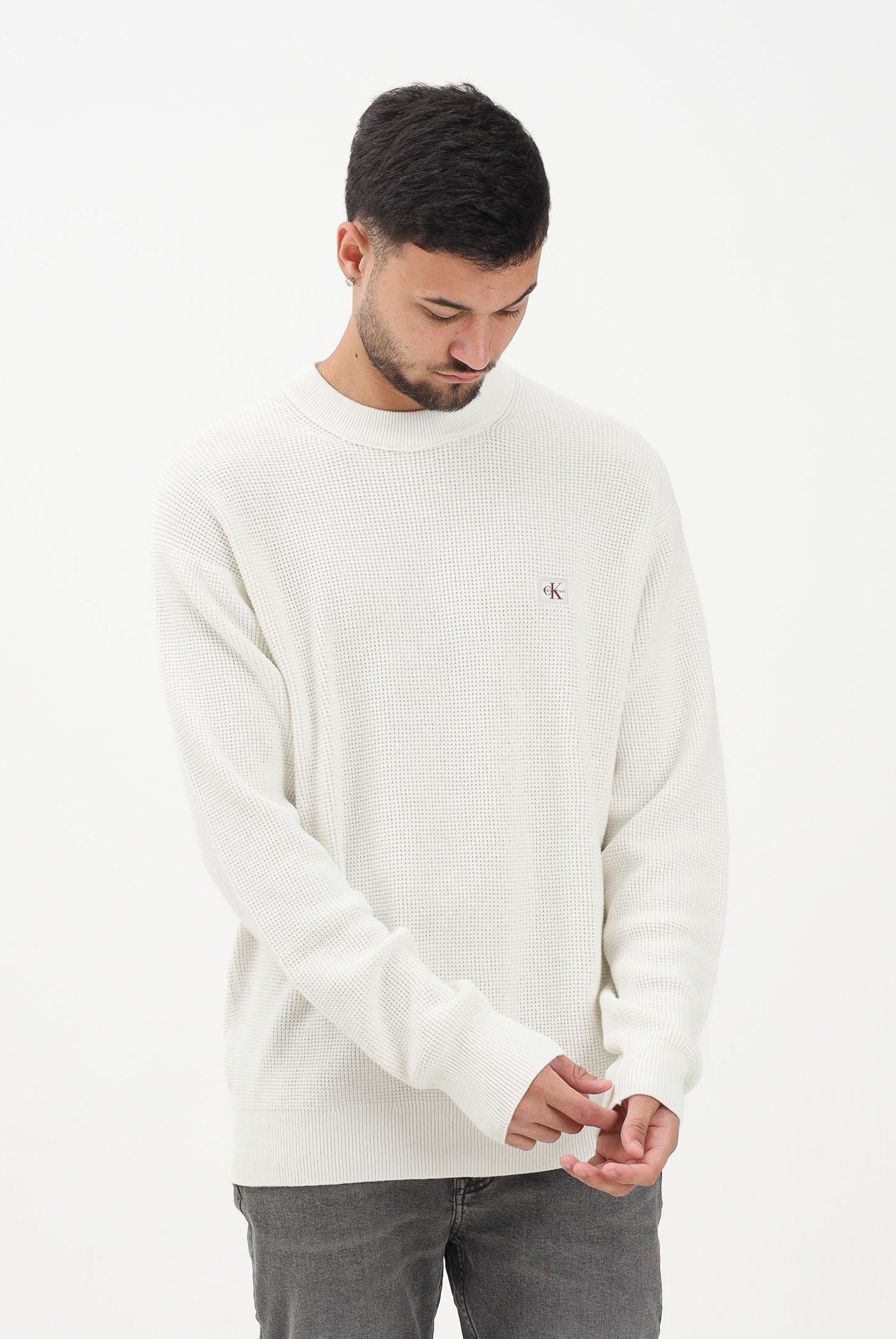 CALVIN KLEIN JEANS Maglioncino girocollo panna da uomo con patch logo LV04RD313GYAS  CALVIN KLEIN JEANS