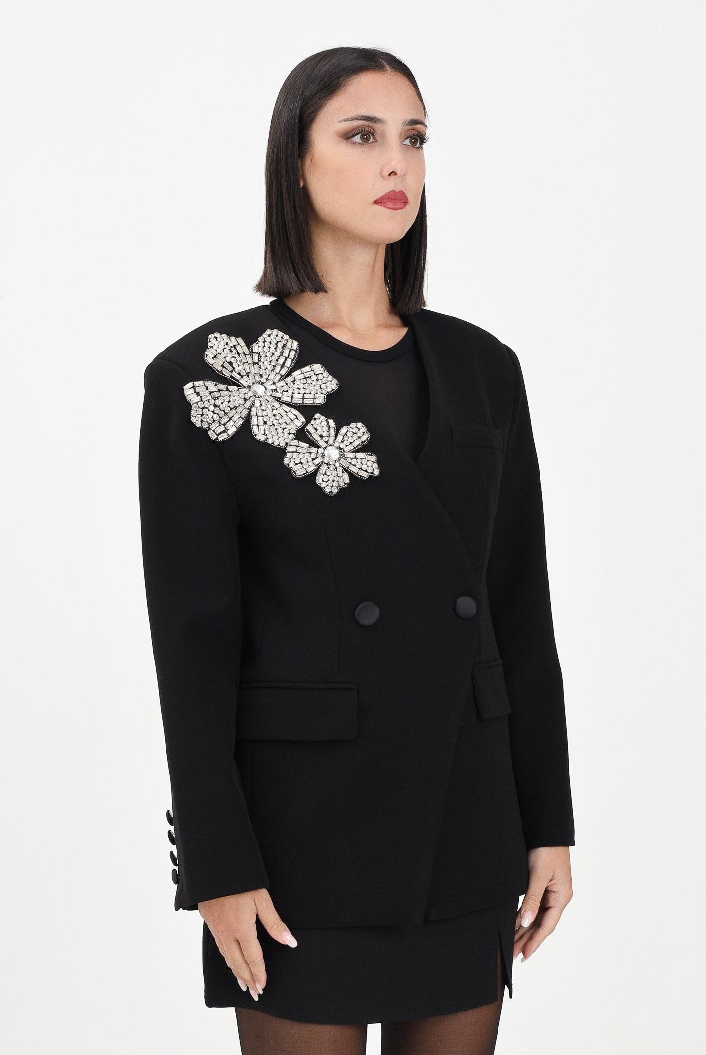 TPN Giacca doppiopetto Arlee nera da donna con applicazione fiore in strass ARLEE402W5 D6 TPN
