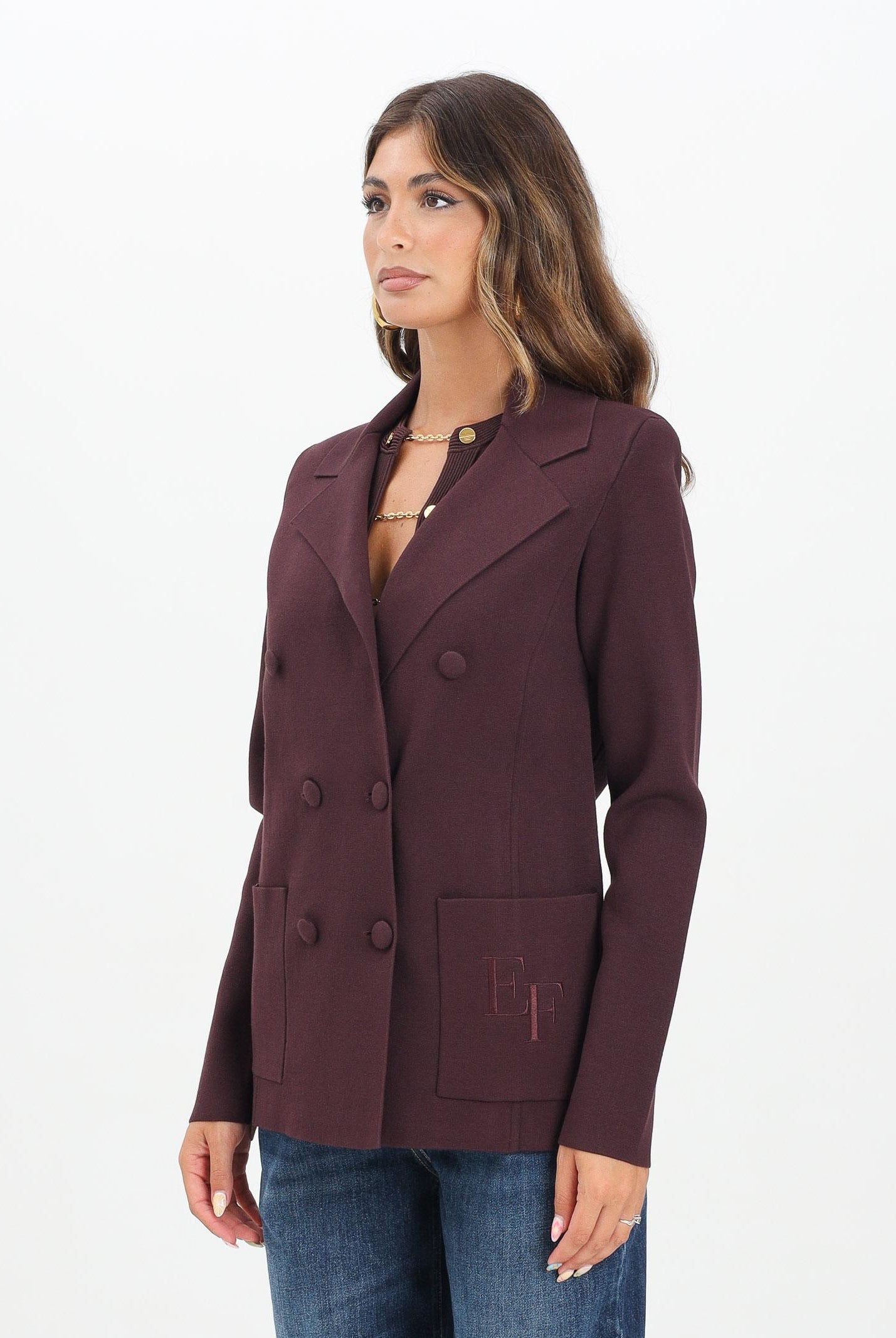 ELISABETTA FRANCHI Giacca doppiopetto realizzata in maglia bordeaux da donna MK52S57E2 EA4 ELISABETTA FRANCHI