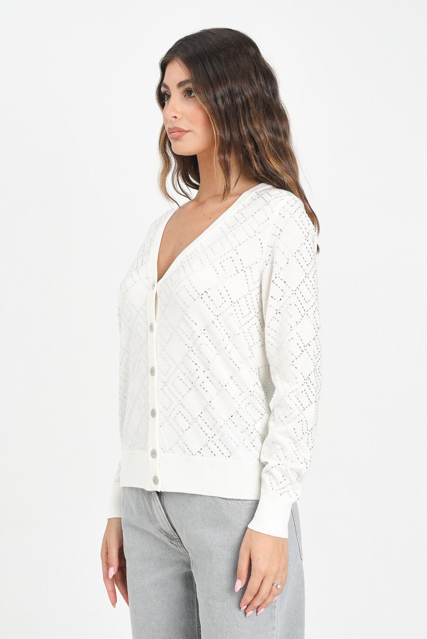 ELISABETTA FRANCHI Cardigan bianco latte da donna con cristalli<BR/> MK26B56E2 EH9 ELISABETTA FRANCHI