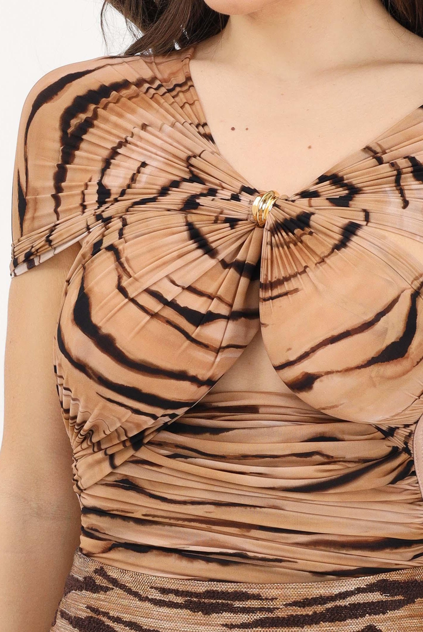 ELISABETTA FRANCHI Body cammello da donna con stampa tigre<BR/> BO03362E2 470 ELISABETTA FRANCHI