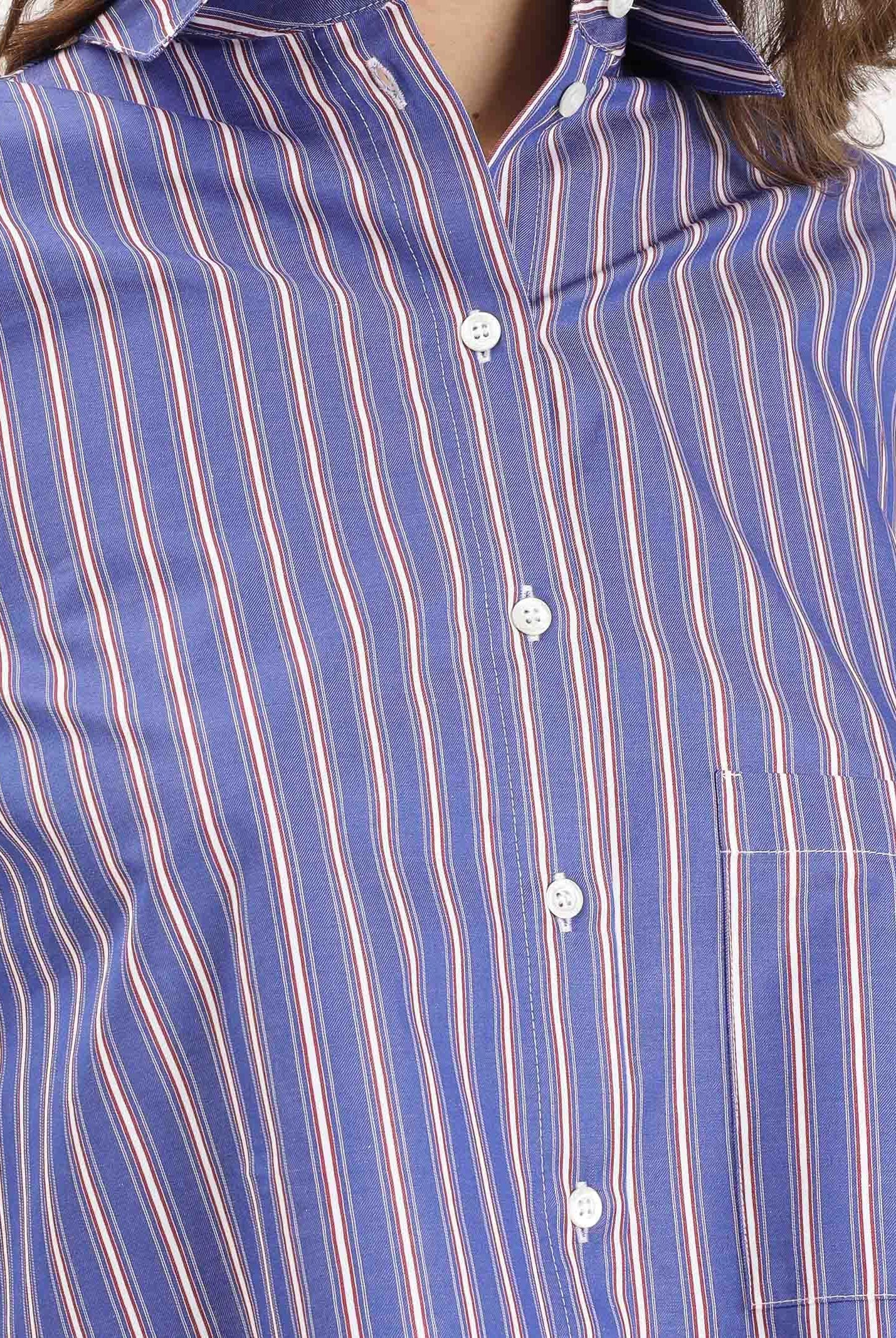 SIMONA CORSELLINI Camicia a manicca lunga blu da donna con taglio cropped e fantasia a righe A25CPCA01501-C00174 V0744 SIMONA CORSELLINI