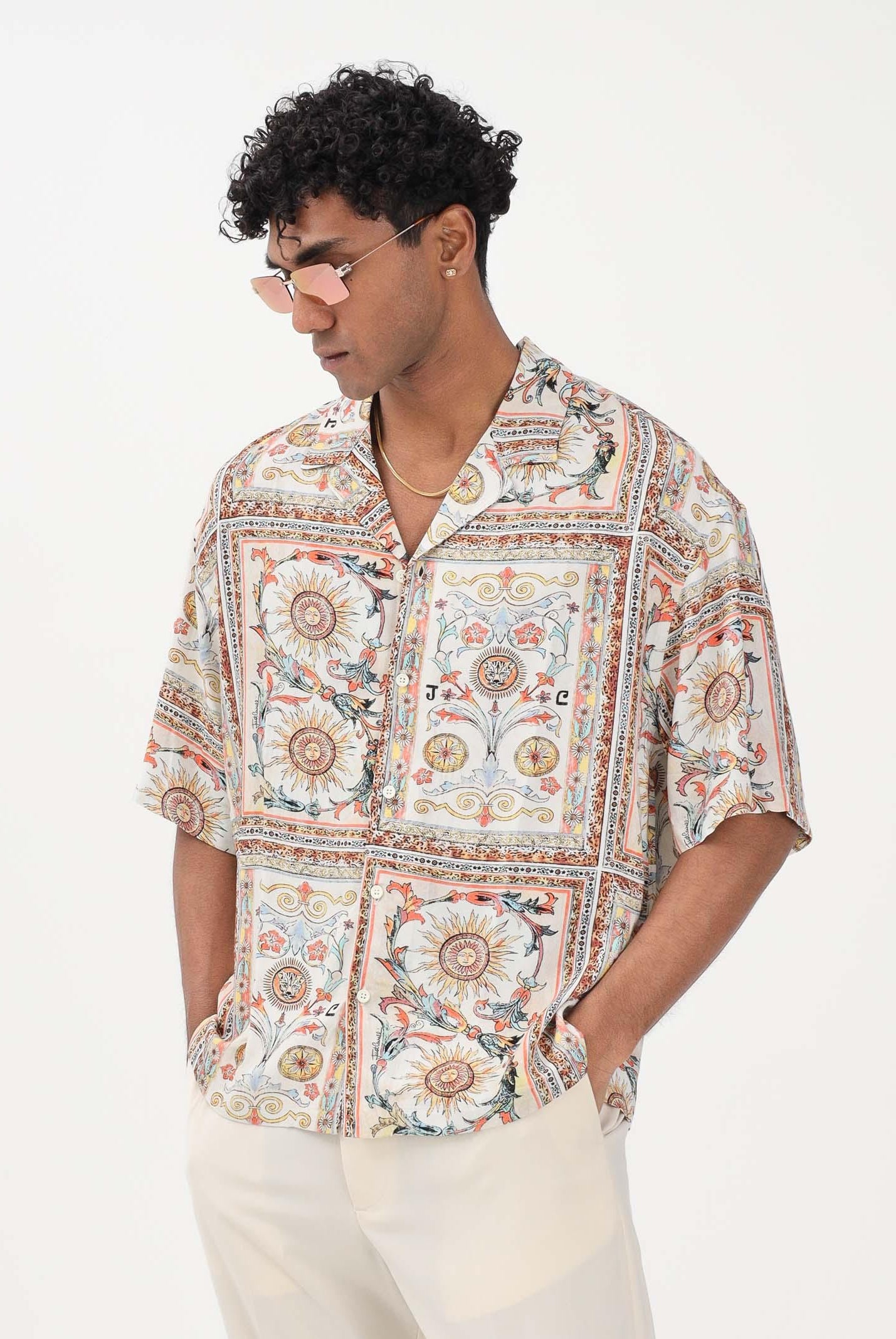 JUST CAVALLI Camicia a manica corta beige da uomo con stampa decorativa 80OALF01CNF05 R85 JUST CAVALLI