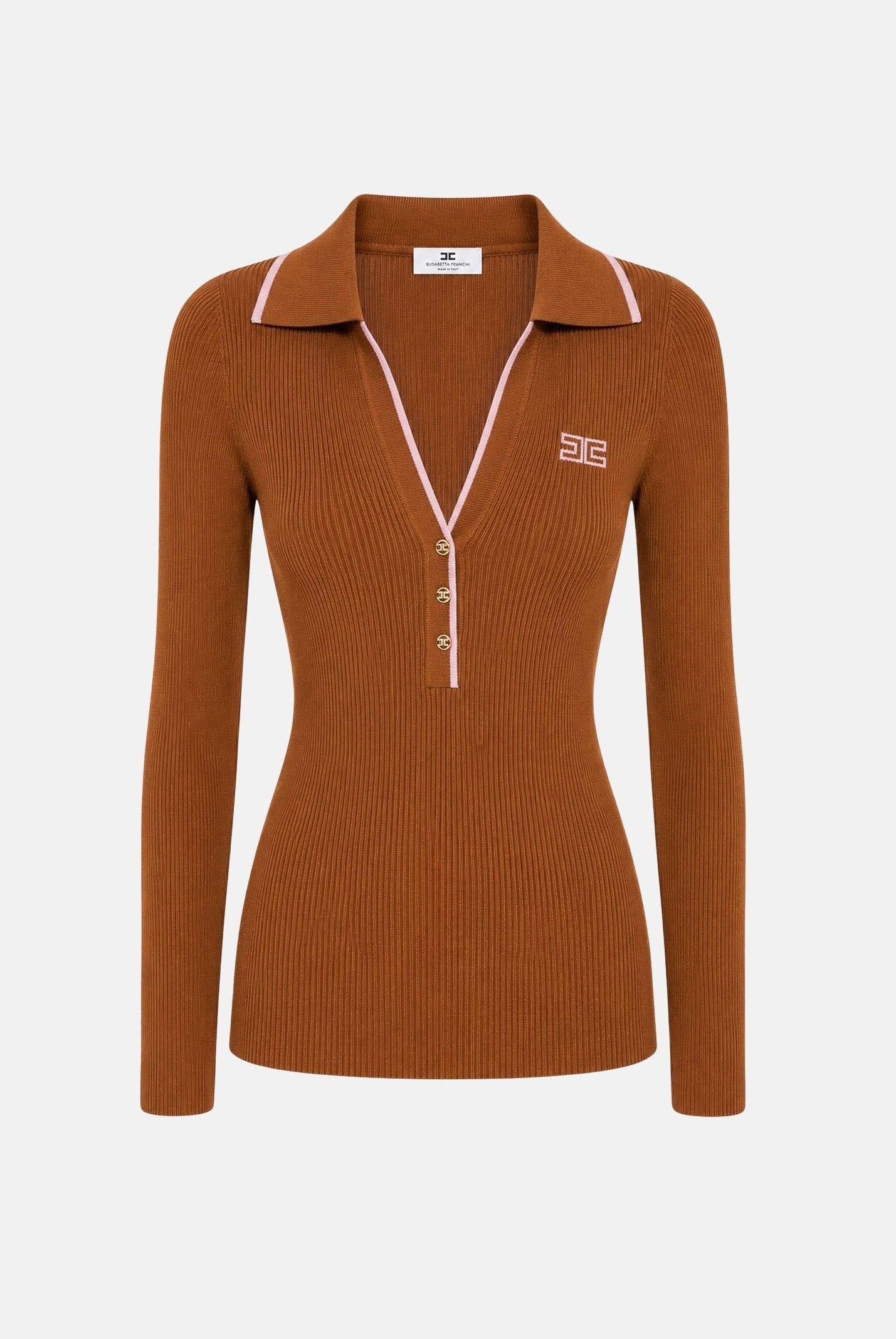 ELISABETTA FRANCHI Polo in lana da donna,color tabacco con dettagli rosa nude. MK17B66E2 FQ4 ELISABETTA FRANCHI