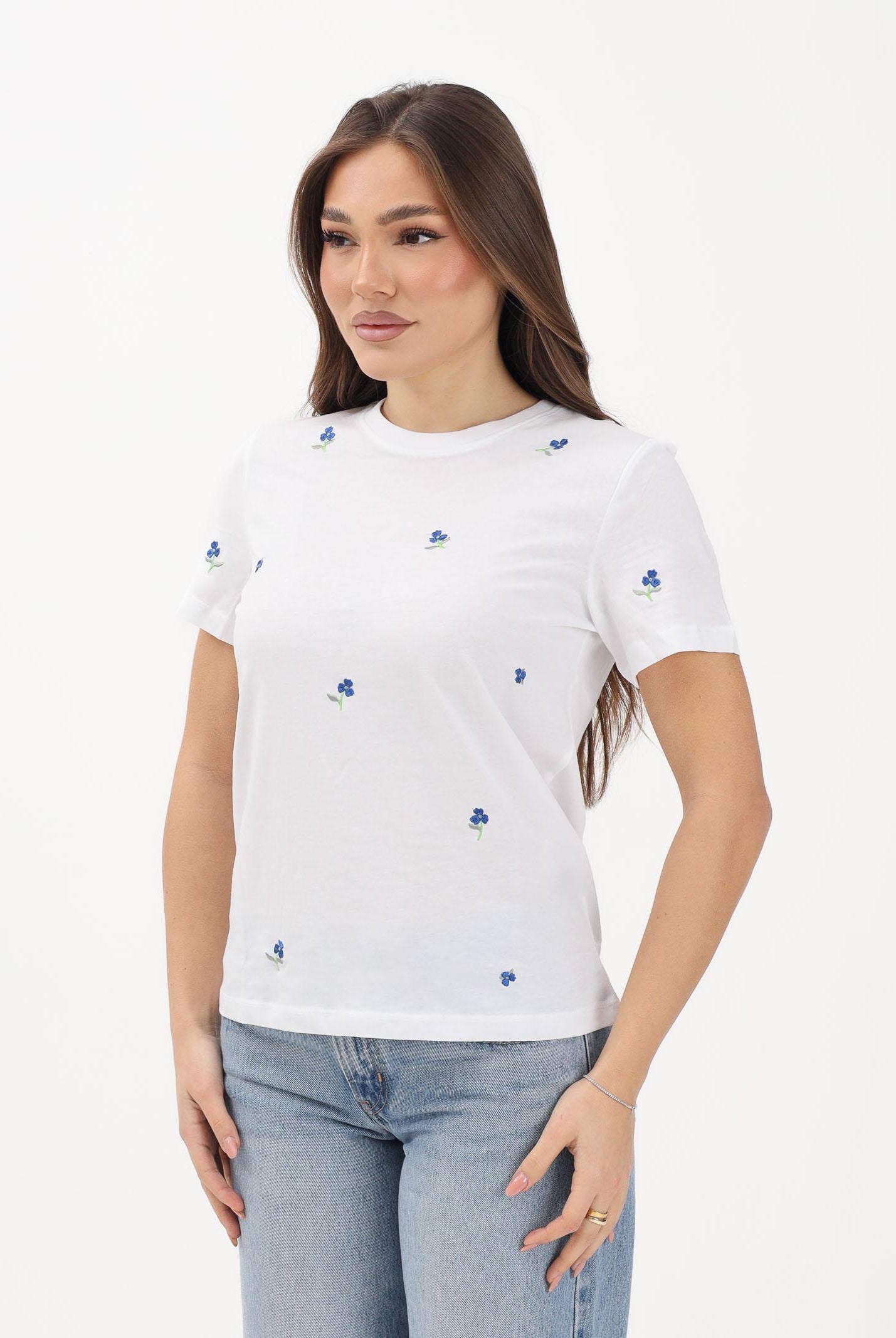 ONLY T-shirt a manica corta bianca da donna con ricamo fiori 15288473 BRWITR ONLY