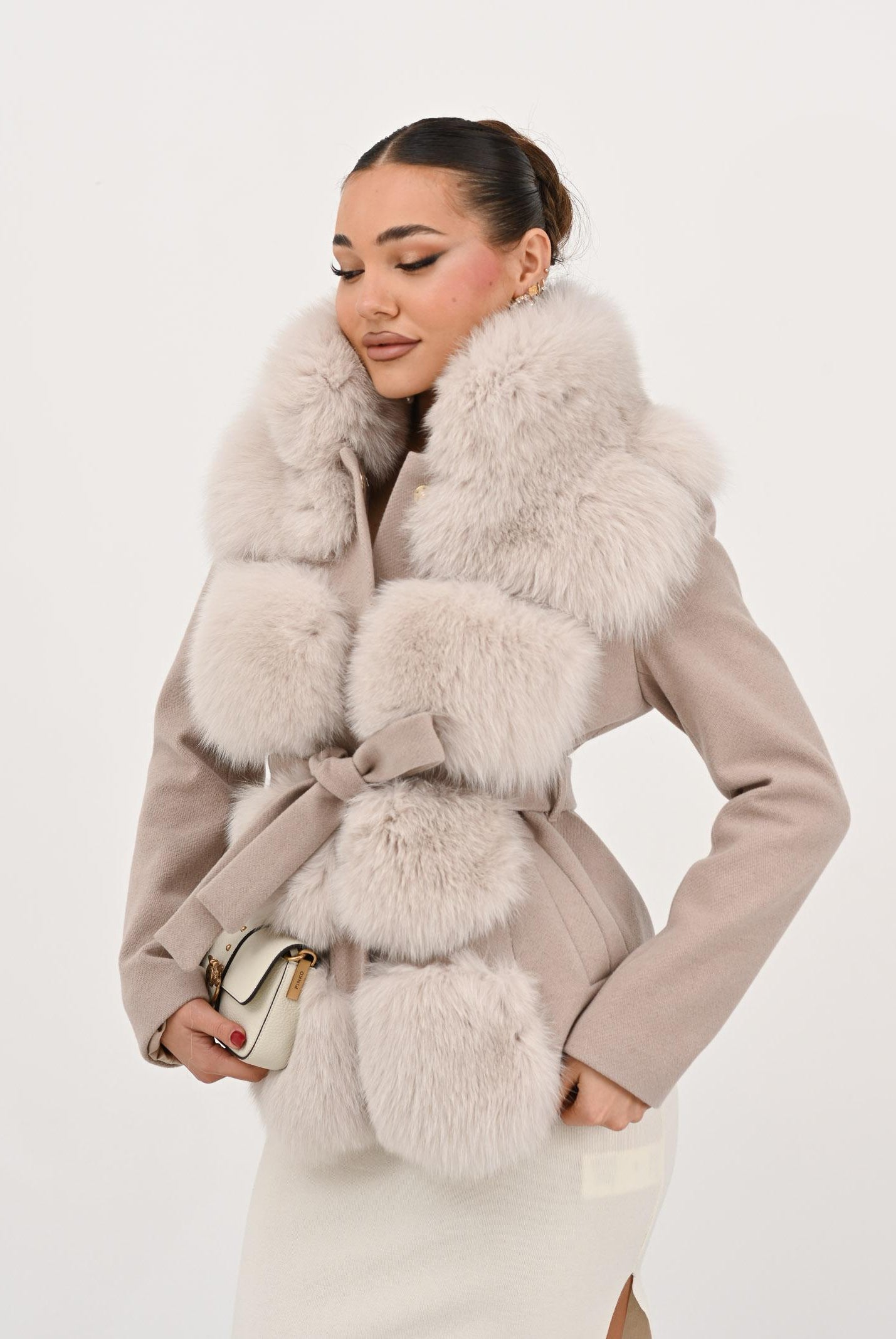 YES LONDON Cappotto corto beige da donna con vera pelliccia CD1203 BE YES LONDON