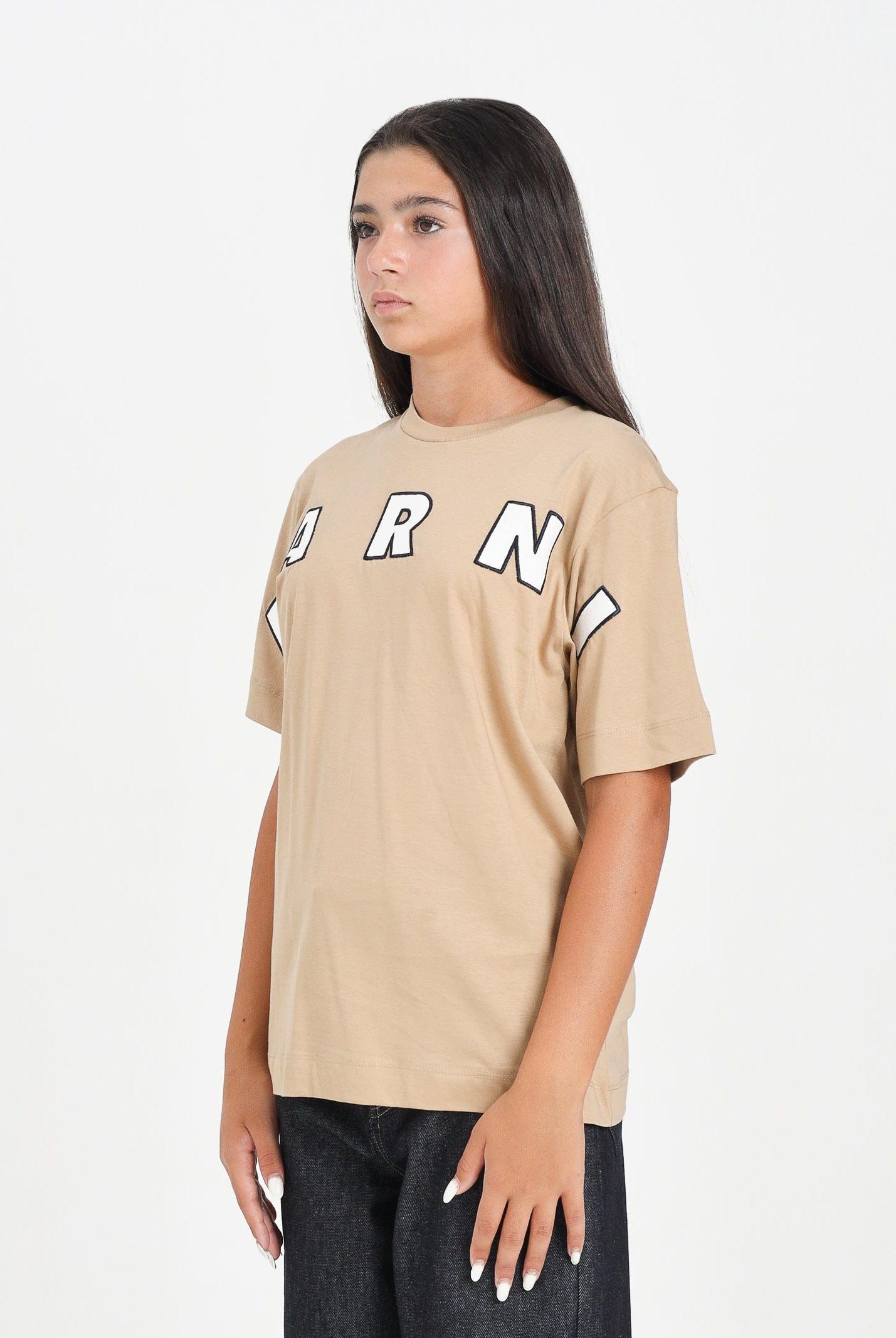 MARNI T-shirt a manica corta beige per donna, ragazzi e bambini con ricamo logo M01265M00RF 0M715 MARNI