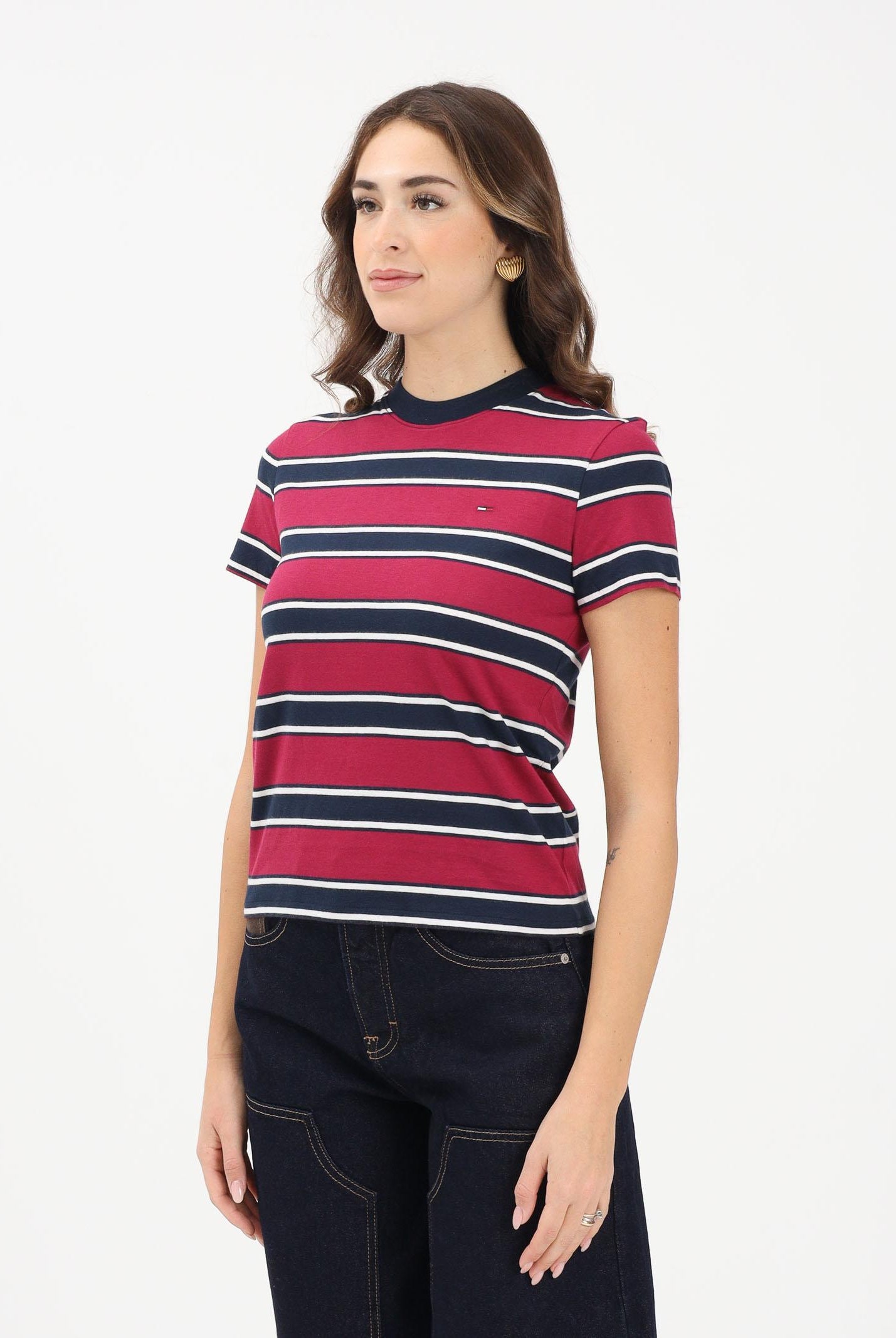 TOMMY JEANS T-shirt a manica corta bordeaux e blu da donna con motivo a righe DW0DW21834 0E3 TOMMY JEANS