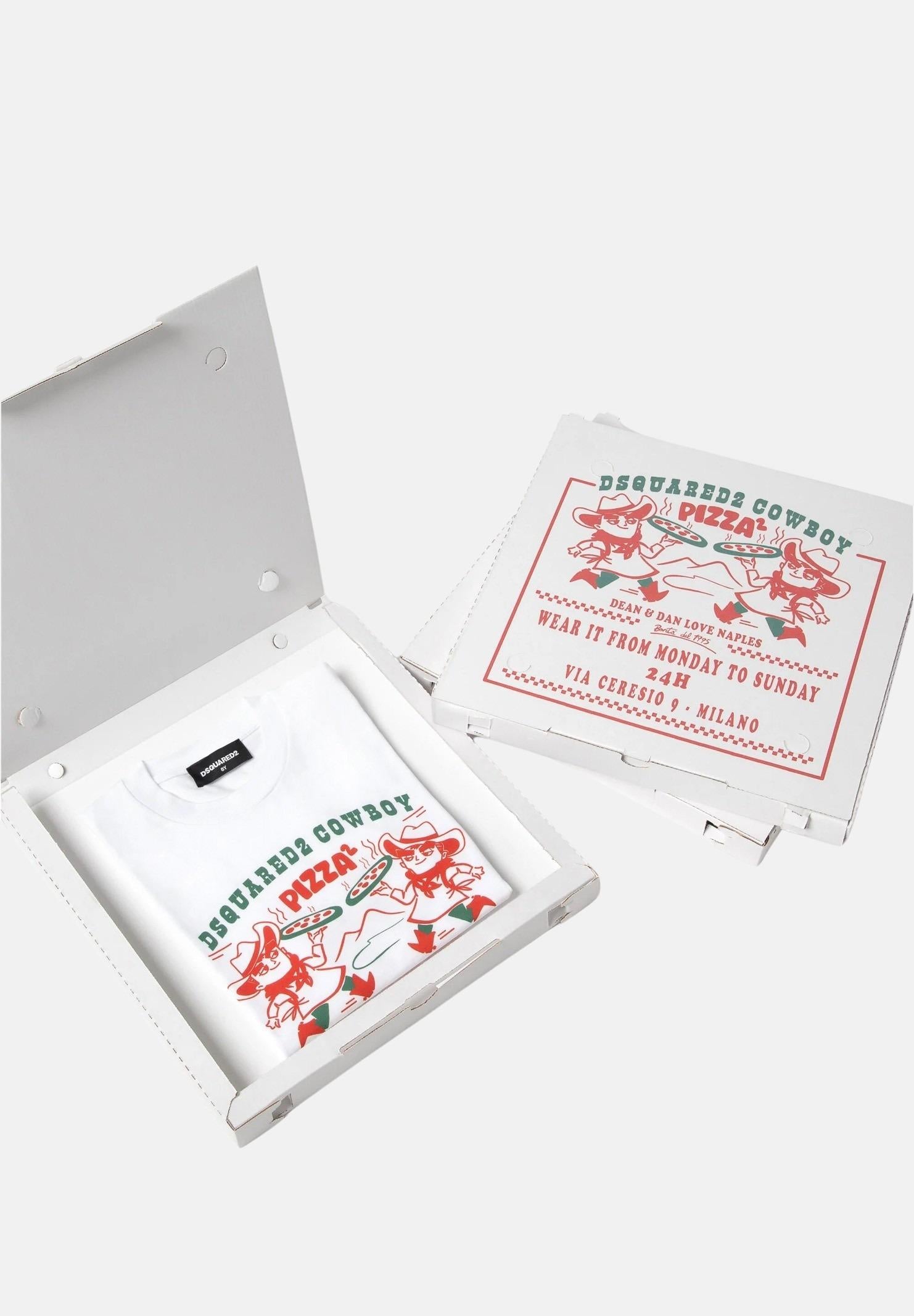 T-shirt a manica corta bianca per bambino e bambina con grafica Cowboy Pizza DQ2975D004G-B DQ100 DSQUARED2