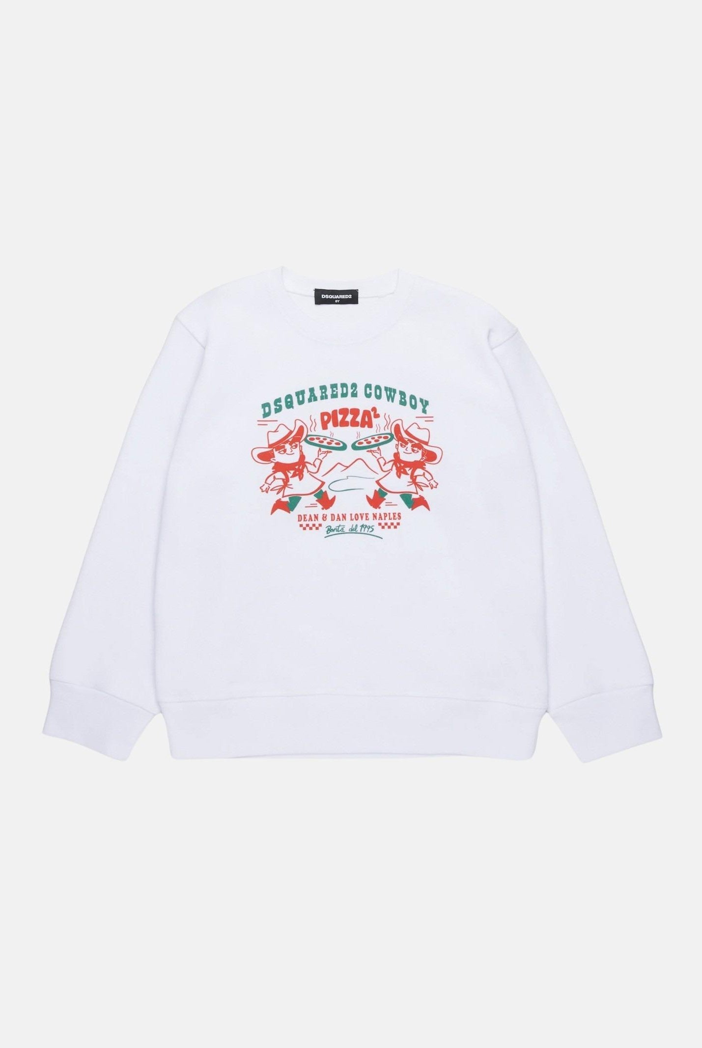 Felpa girocollo bianca per bambino e bambina con grafica Cowboy Pizza DQ2977D0094-B DQ100 DSQUARED2