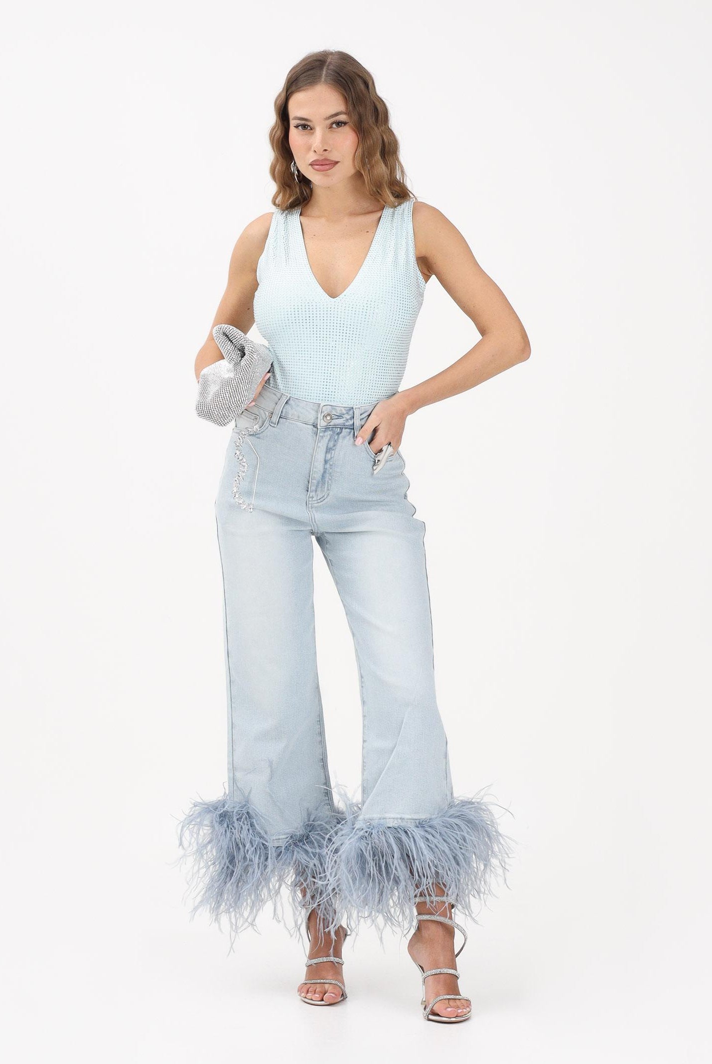 TWENTY FOURHAITCH Jeans ARCADE in denim chiaro da donna con piume A0118DCH62P DECH TWENTY FOURHAITCH
