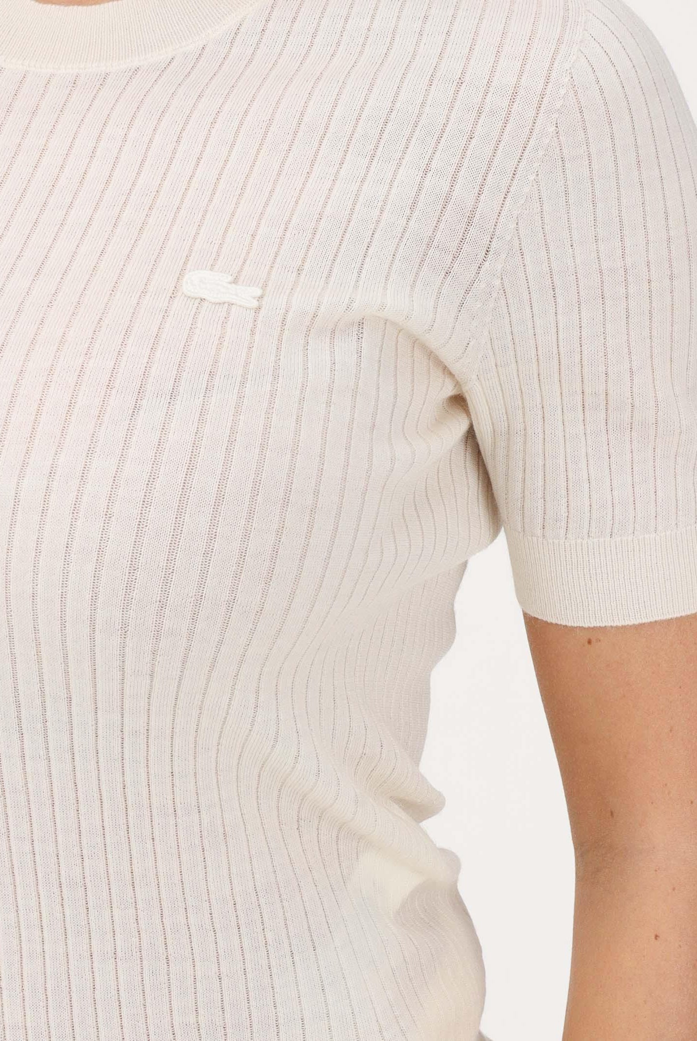 LACOSTE Maglia a manica corta panna da donna in lana merinos a coste AF4146 70V LACOSTE