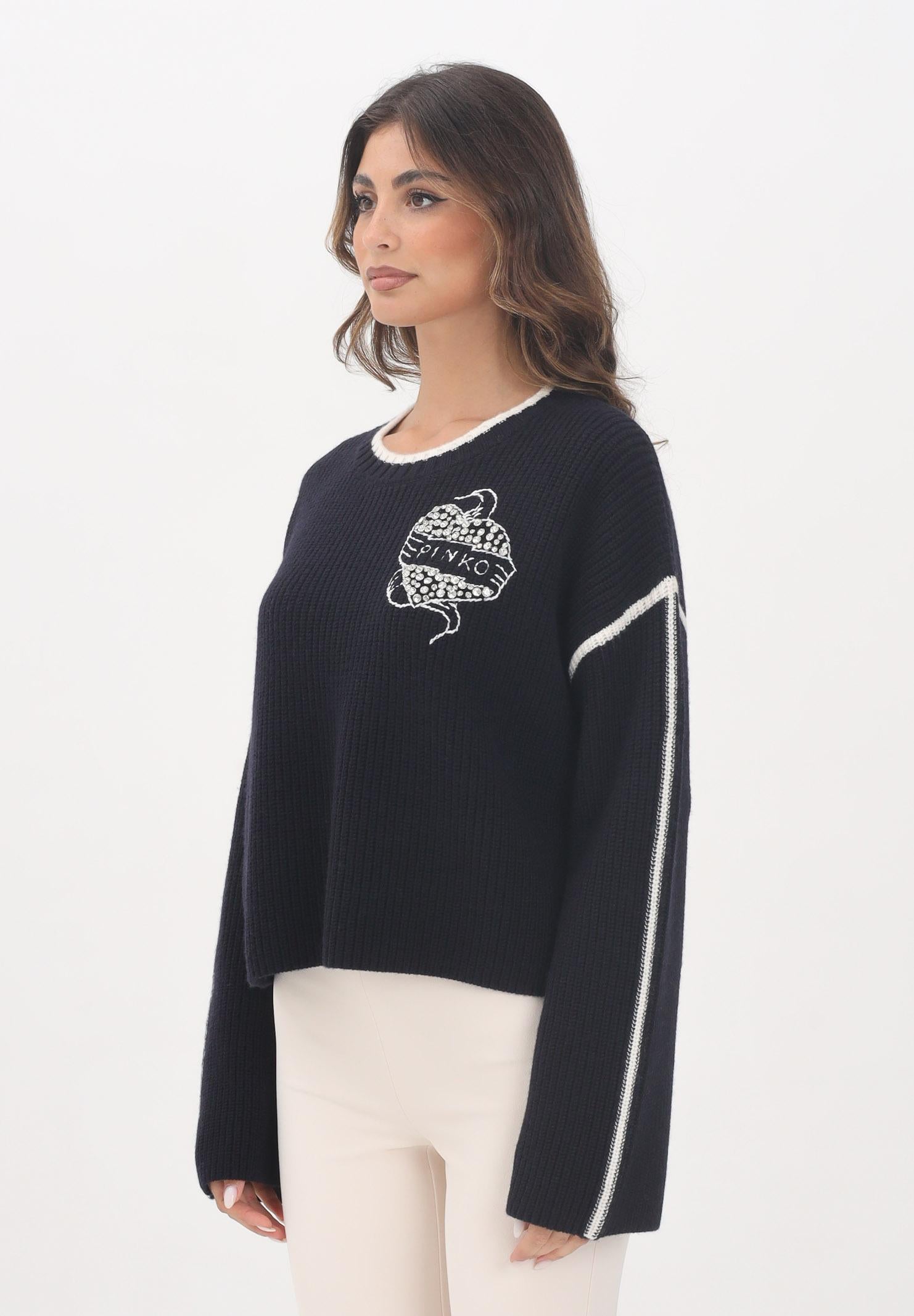 PINKO Maglioncino girocollo blu da donna con ricamo 105397A2PK EZ1 PINKO