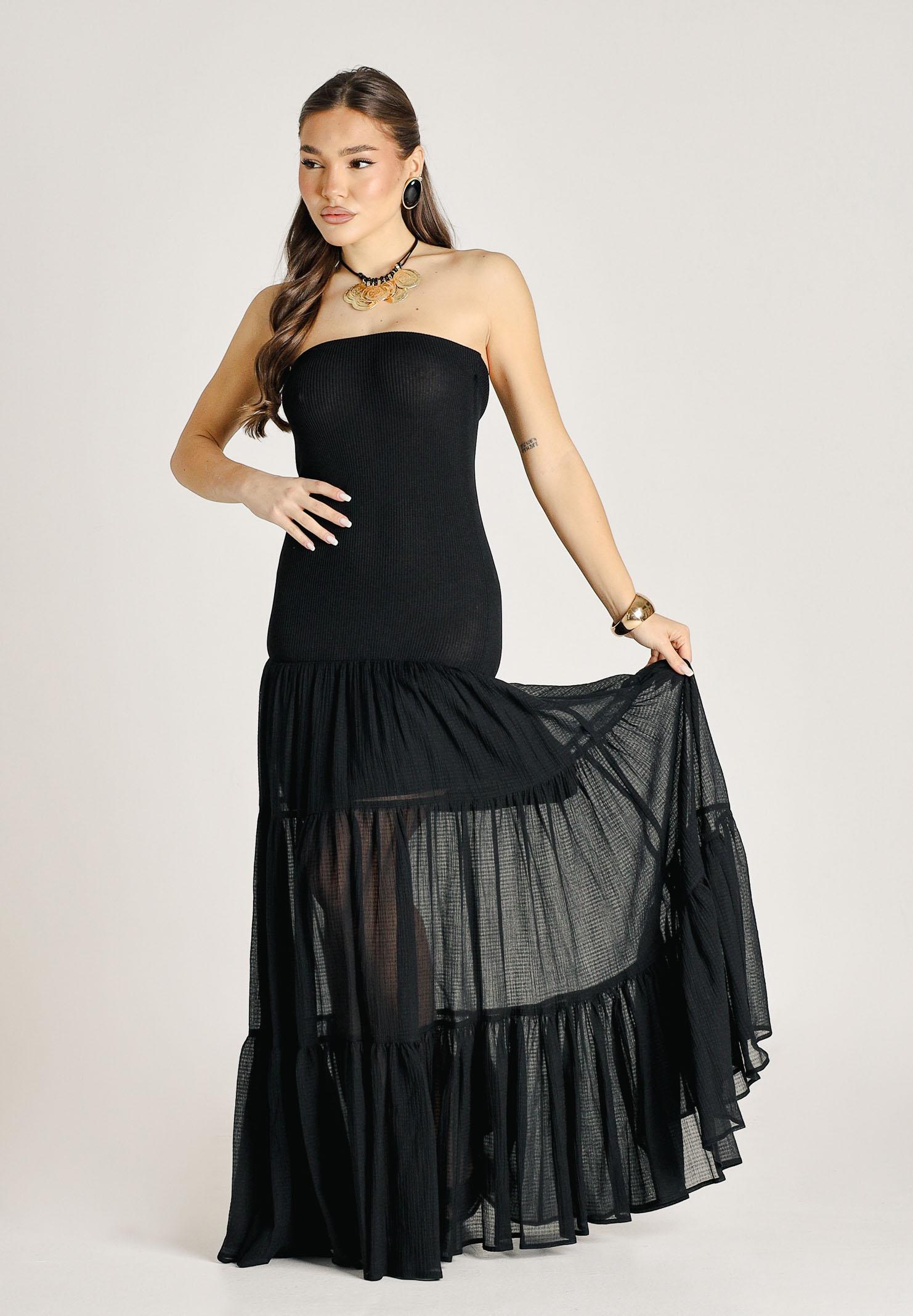 PINKO Abito lungo strapless nero da donna con gonna in voile 107015A3D1 Z99 PINKO