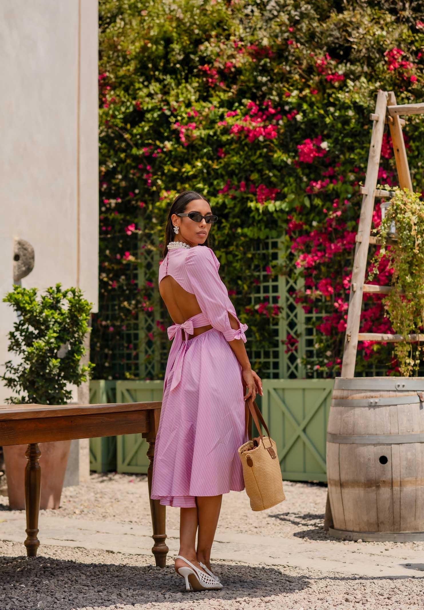 SANTAS Abito midi TIRAMISU' rosa da donna con stampa a righe PV25023 ROSA SANTAS