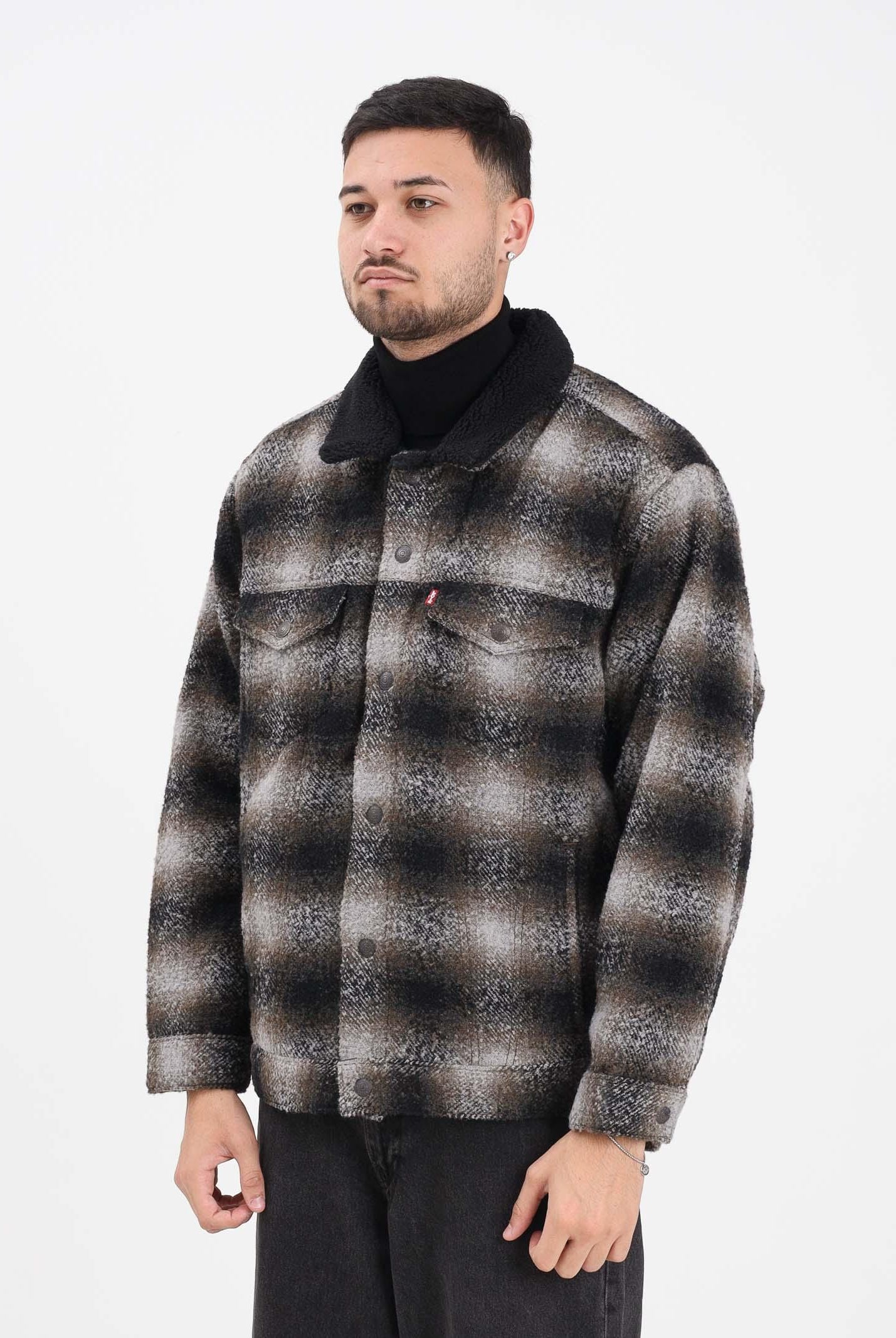 LEVI'S® Montone Sherpa Trucker da uomo con motivo check sfumato nei toni del nero, grigio e marrone A6030-0012 LEVI'S®