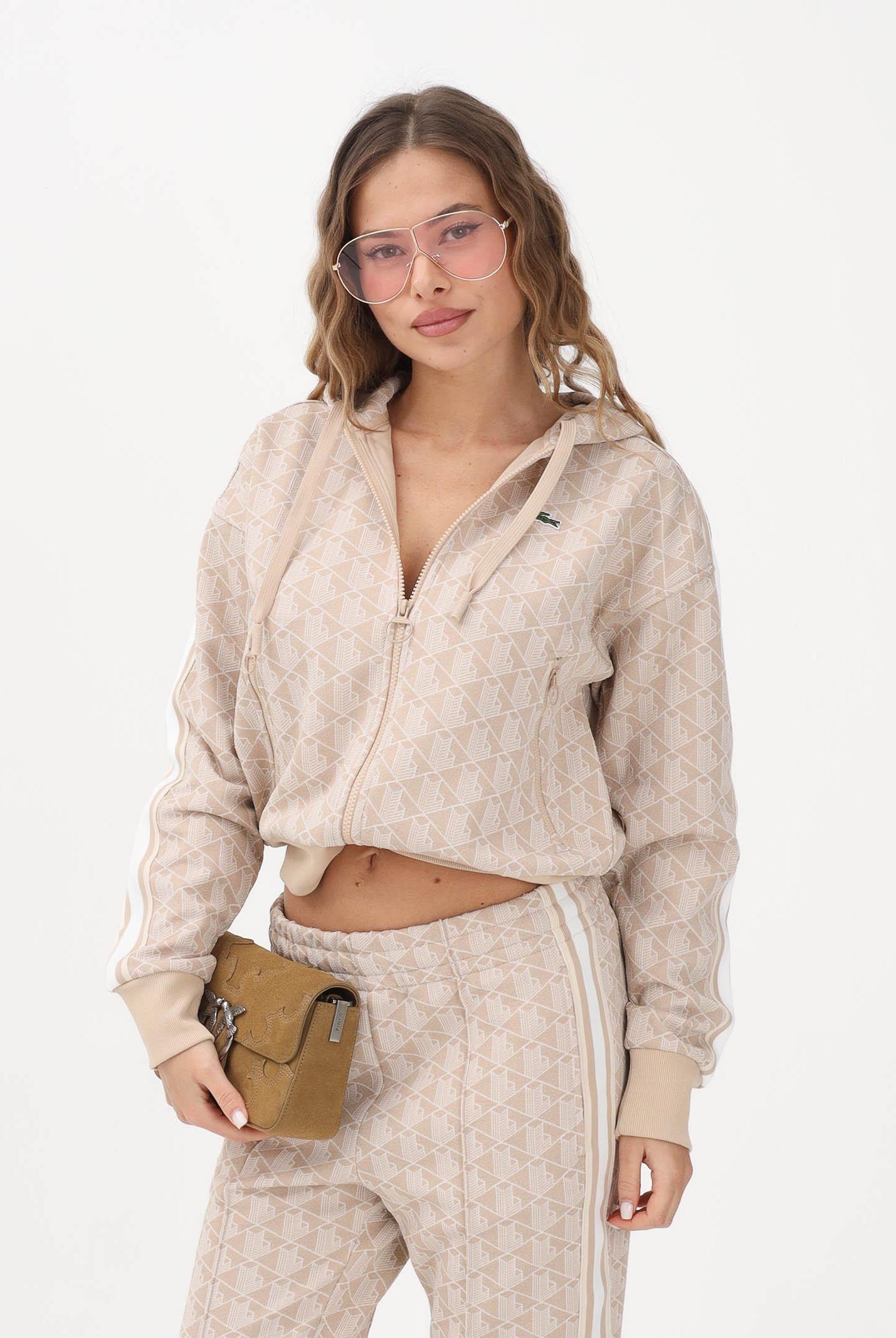 LACOSTE Felpa con zip beige da donna in jacquard con monogramma SF7606 8GI LACOSTE