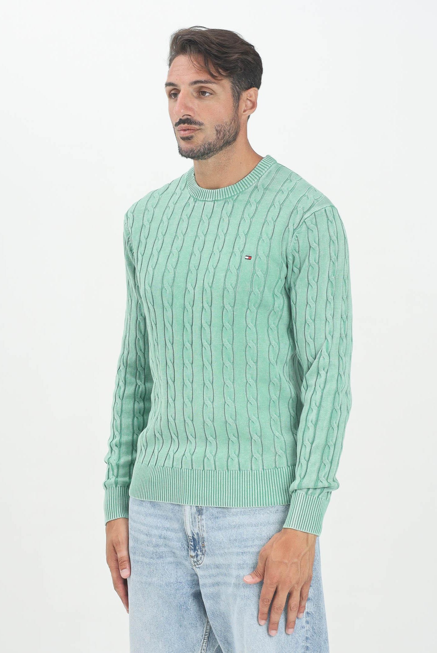 TOMMY HILFIGER Maglioncino girocollo verde da uomo in maglia intrecciata MW0MW39524L3J TOMMY HILFIGER