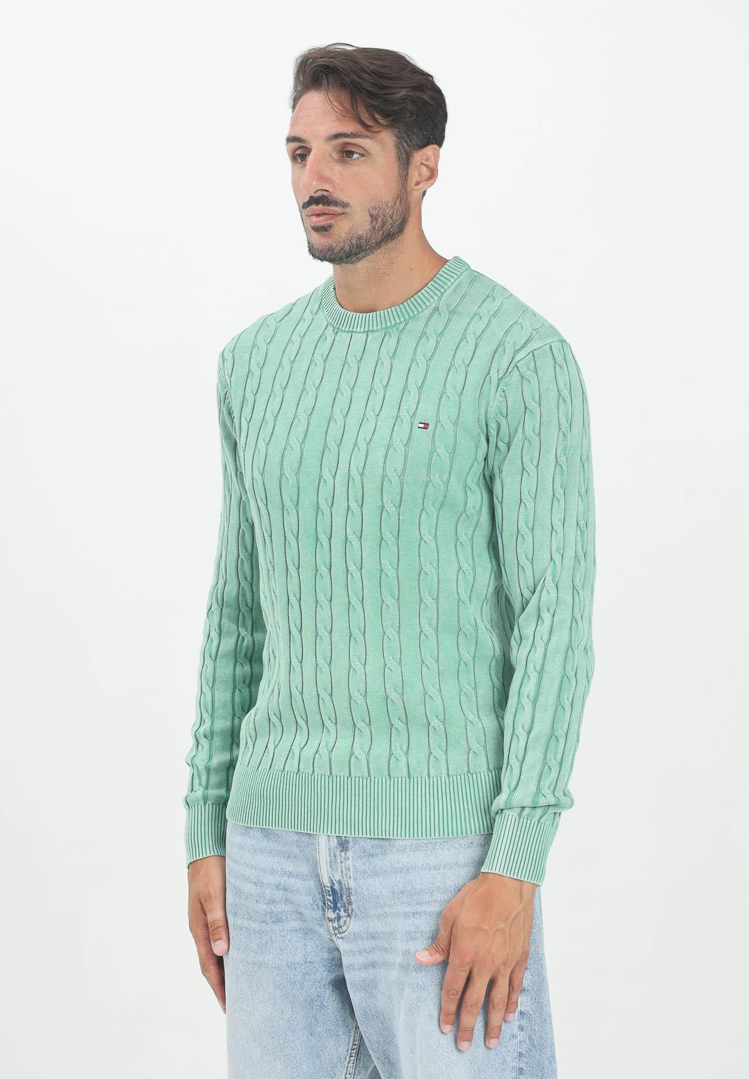 TOMMY HILFIGER Maglioncino girocollo verde da uomo in maglia intrecciata MW0MW39524L3J TOMMY HILFIGER