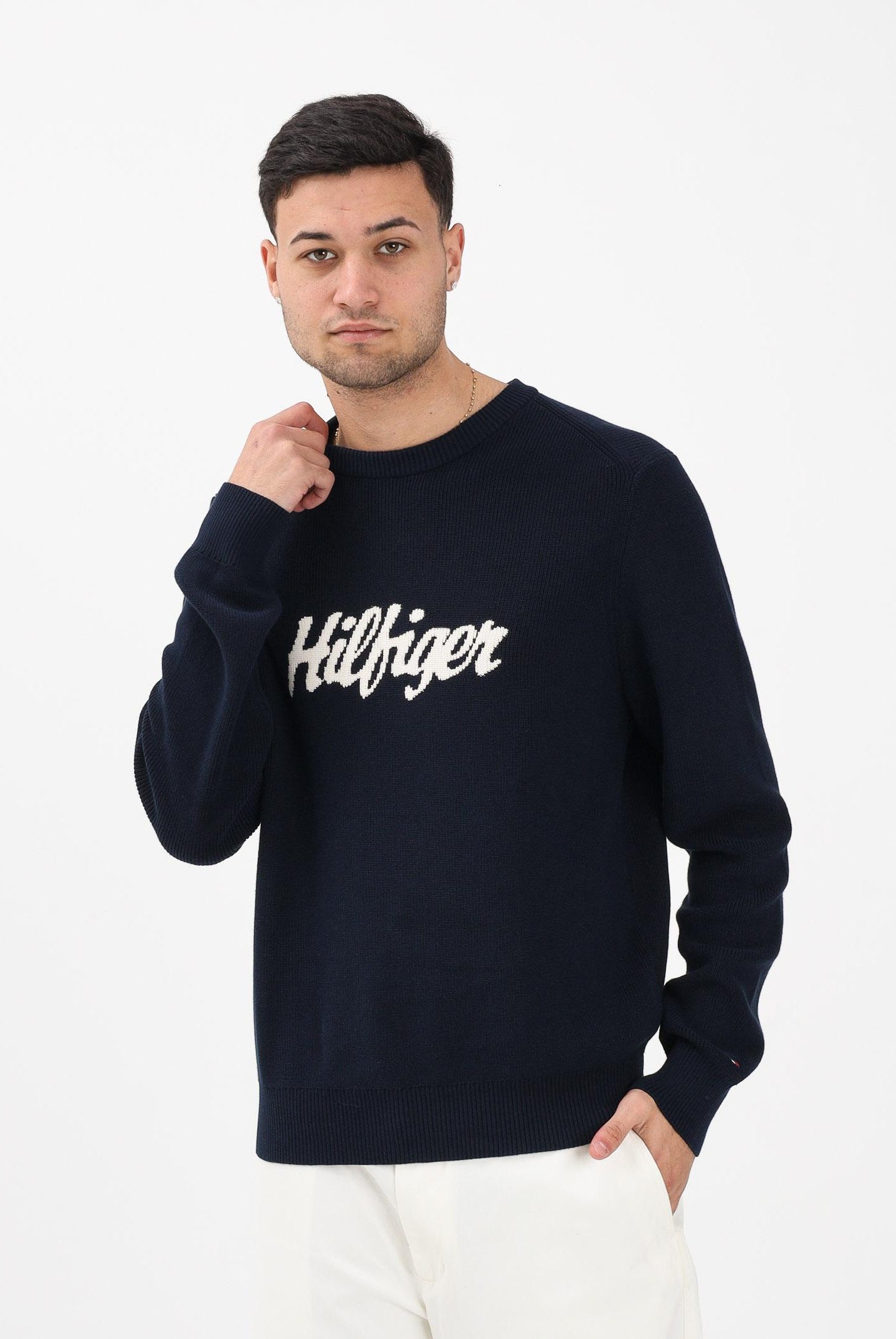 TOMMY HILFIGER Maglioncino girocollo blu da uomo con logo MW0MW41647 C1G TOMMY HILFIGER
