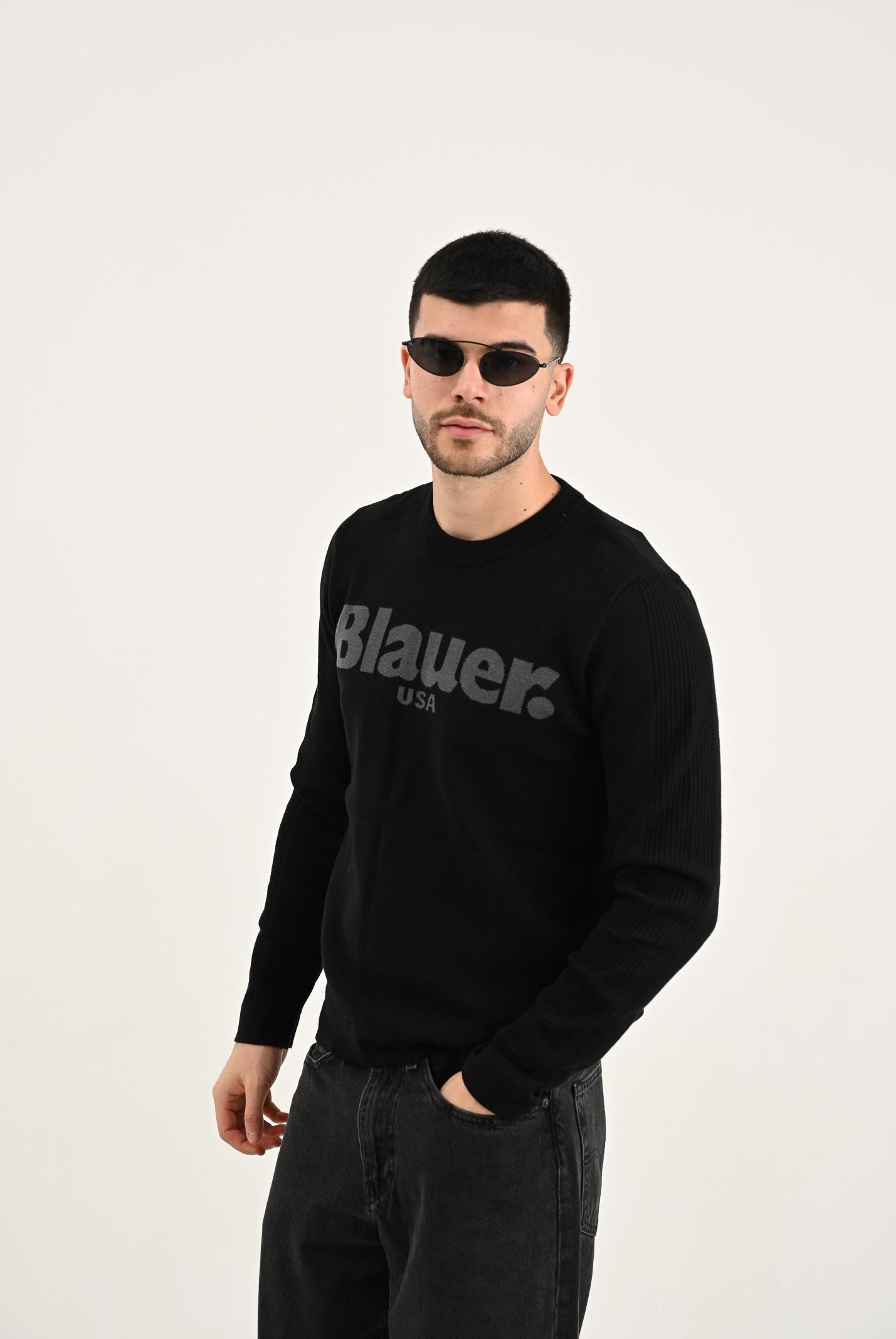 BLAUER Maglioncino girocollo ALLEYNE nero da uomo con logo 25WBLUM01263-006645 999 BLAUER
