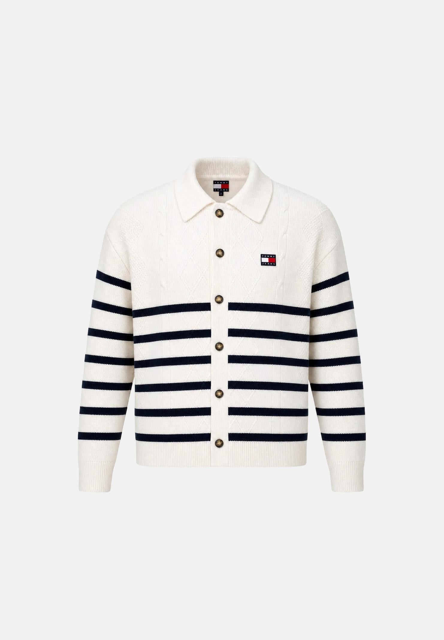 TOMMY JEANS Cardigan Cable Knit Polo colore Ancient White Stripe, bianco e blu navy, da uomo. DM0DM23210 YBH TOMMY JEANS