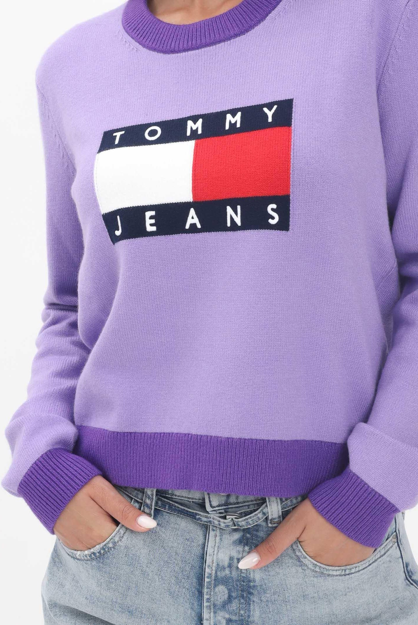 TOMMY JEANS Maglioncino girocollo viola da donna con logo DW0DW20970W0E TOMMY JEANS