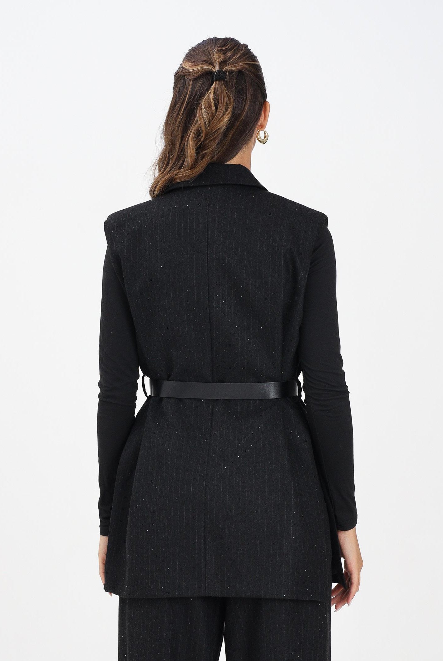 VICOLO Gilet nero da donna in tessuto gessato con leggera trama luminosa TF0130 FFNE VICOLO