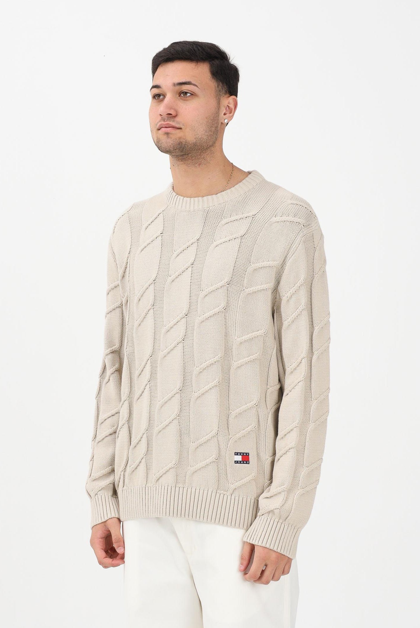 TOMMY JEANS Maglioncino girocollo beige da uomo con lavorazione intrecciata DM0DM22355 ABY TOMMY JEANS