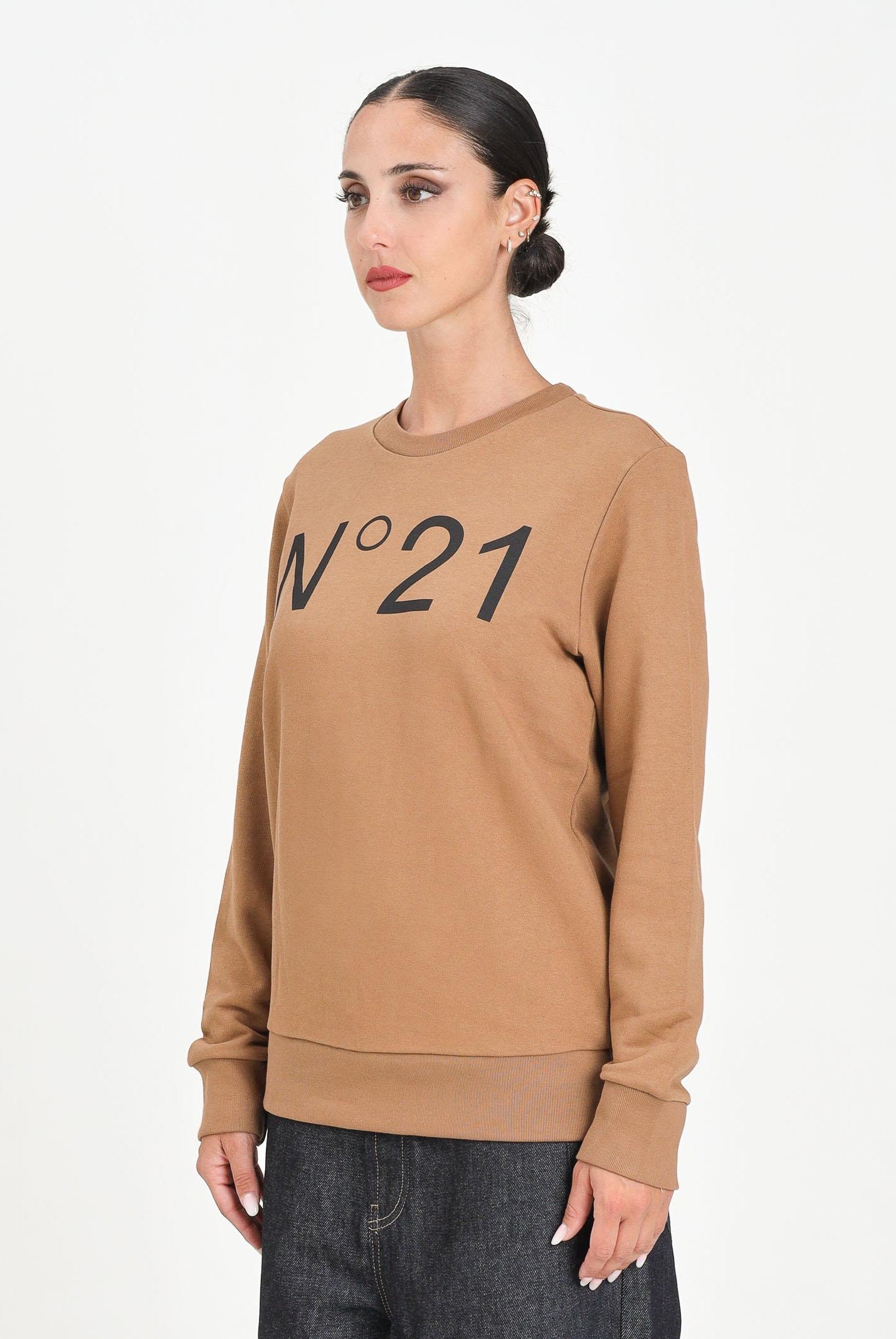 N21 Felpa girocollo cammello per donna, ragazzi e bambini con logo a contrasto N21588N0154 0N720 N21