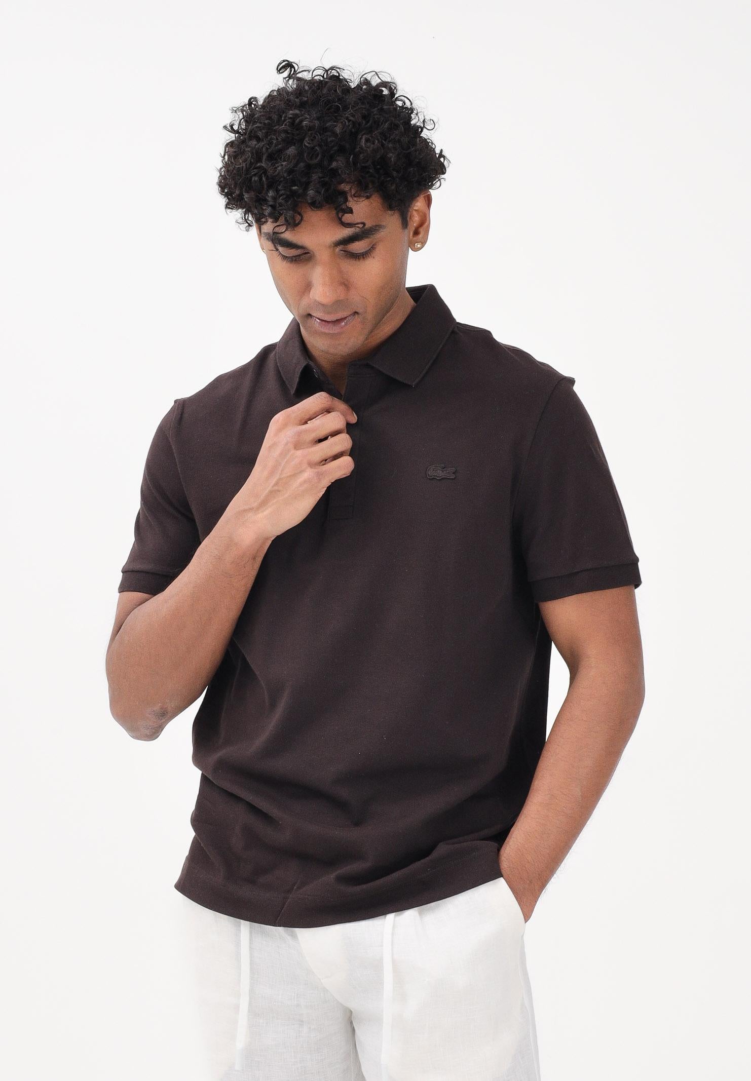 LACOSTE Polo a manica corta marrone da uomo in piqué elasticizzato Paris PH5522 3LA LACOSTE