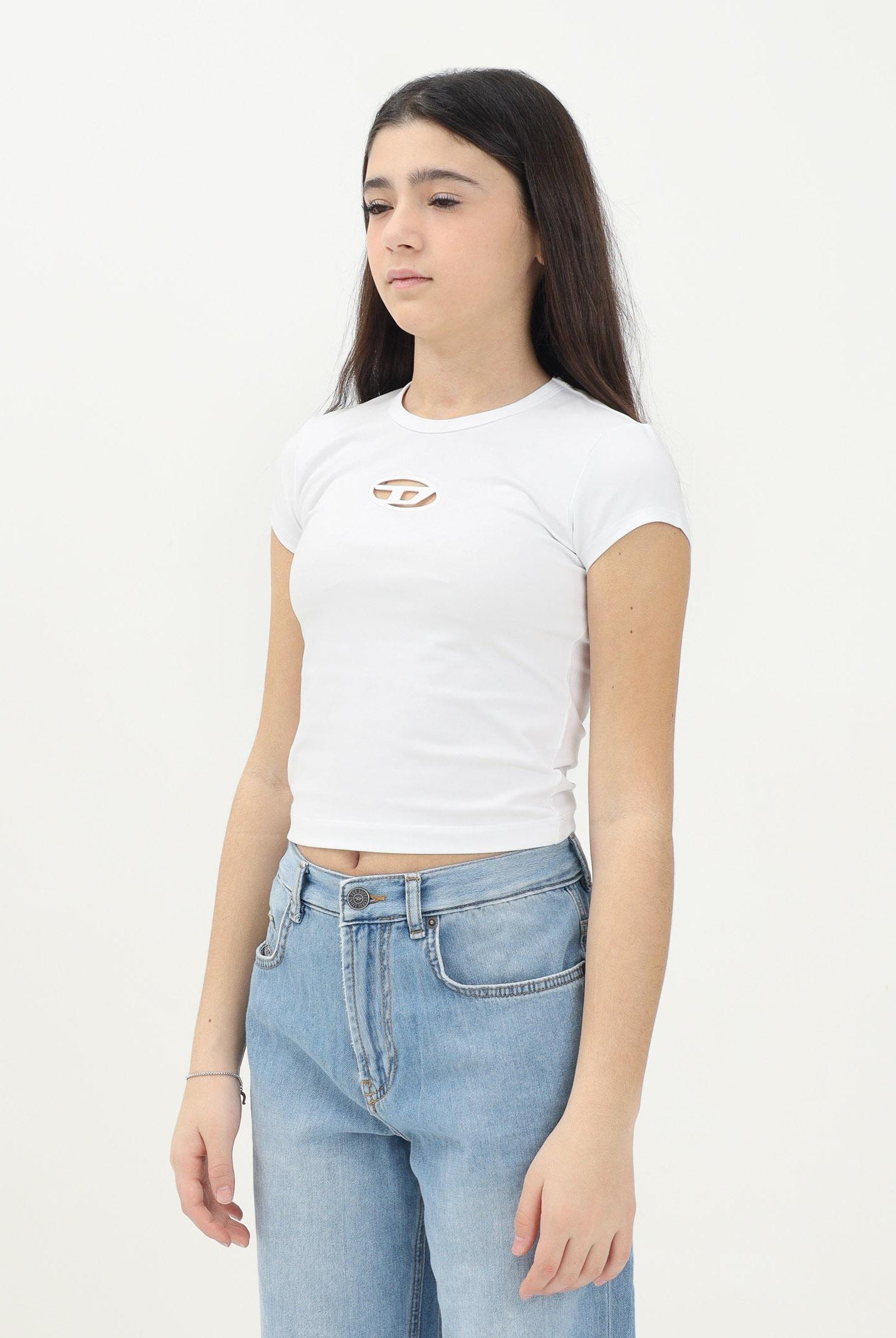 DIESEL T-shirt a manica corta bianca per donna, ragazze e bambine con logo Oval D J018300AFAA K100 DIESEL