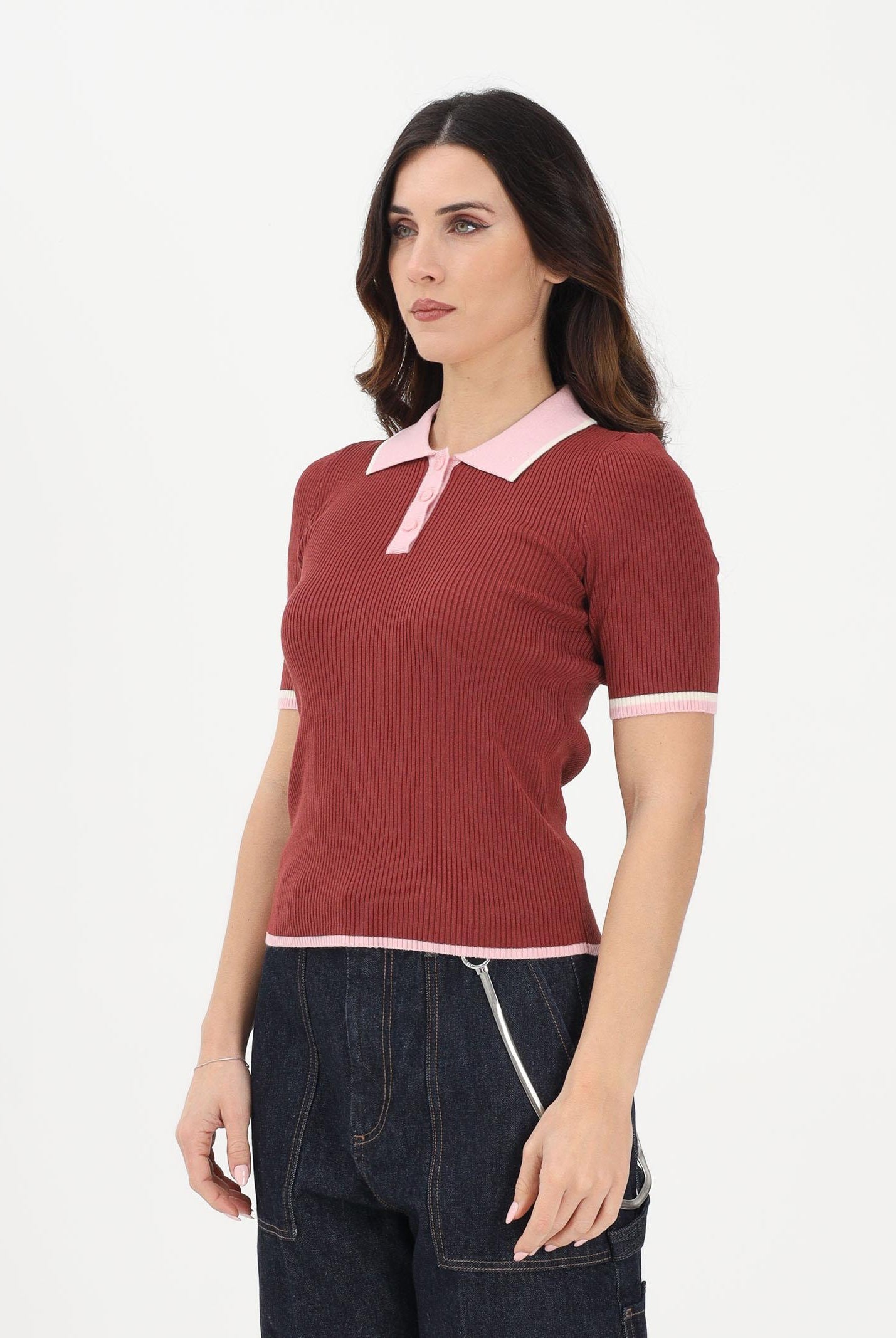 ONLY Polo in maglia a maniche corte mattone da donna con colletto a contrasto 15363165 Re ONLY