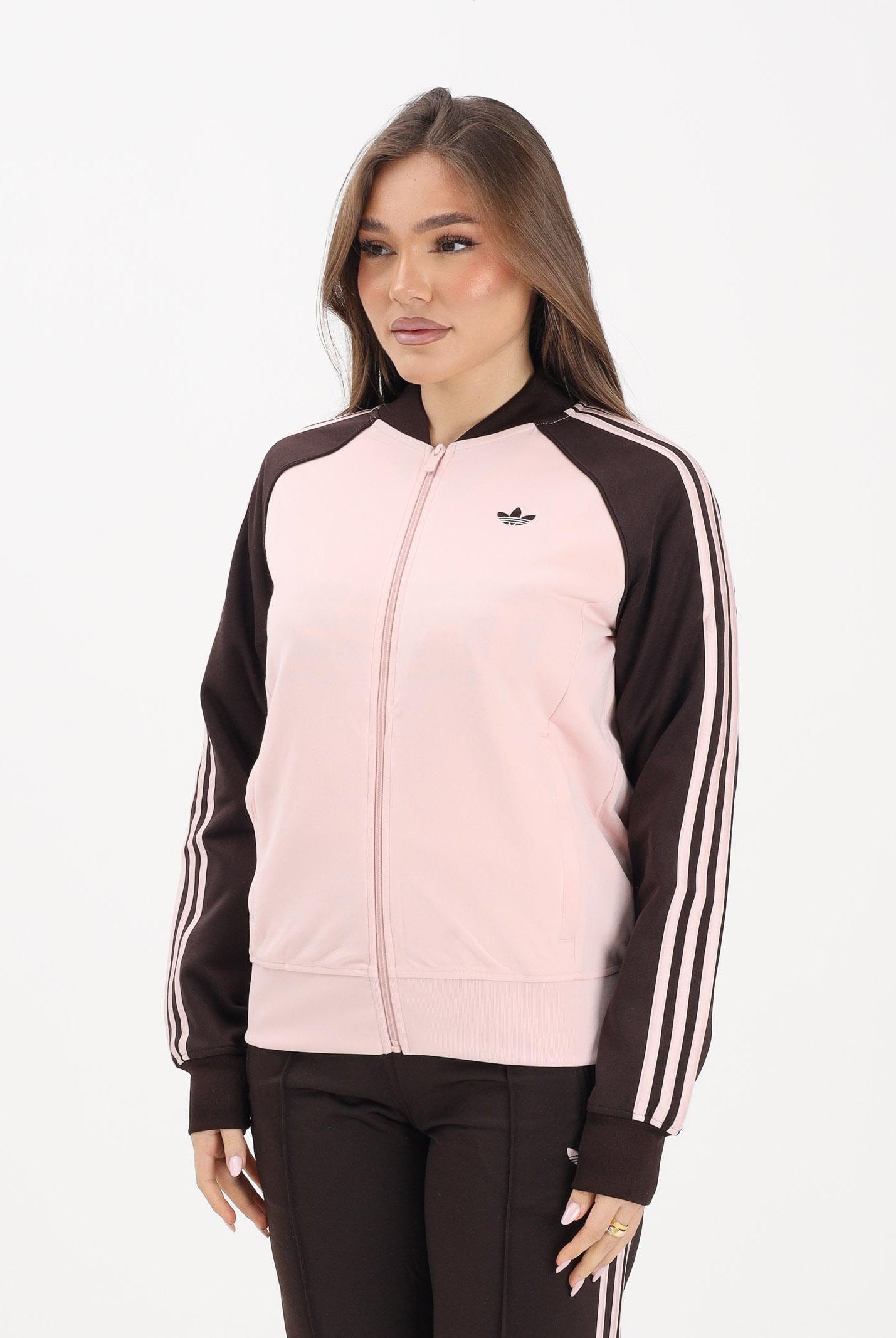 ADIDAS ORIGINALS Felpa con zip SST CLASSIC rosa e marrone da donna KD3783 . ADIDAS ORIGINALS