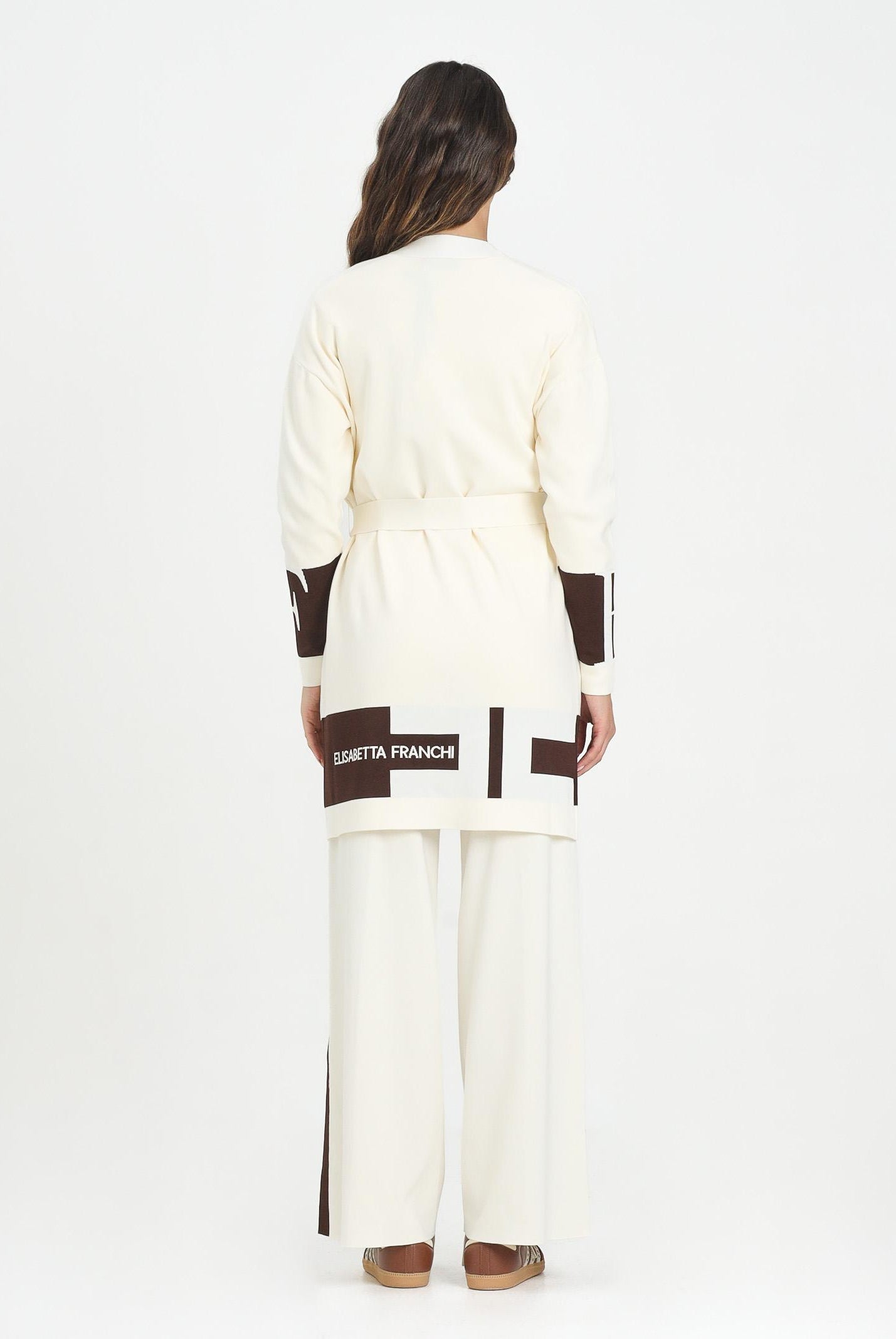 ELISABETTA FRANCHI Cardigan lungo panna da donna con bande lucide MK02S56E2 EG2 ELISABETTA FRANCHI